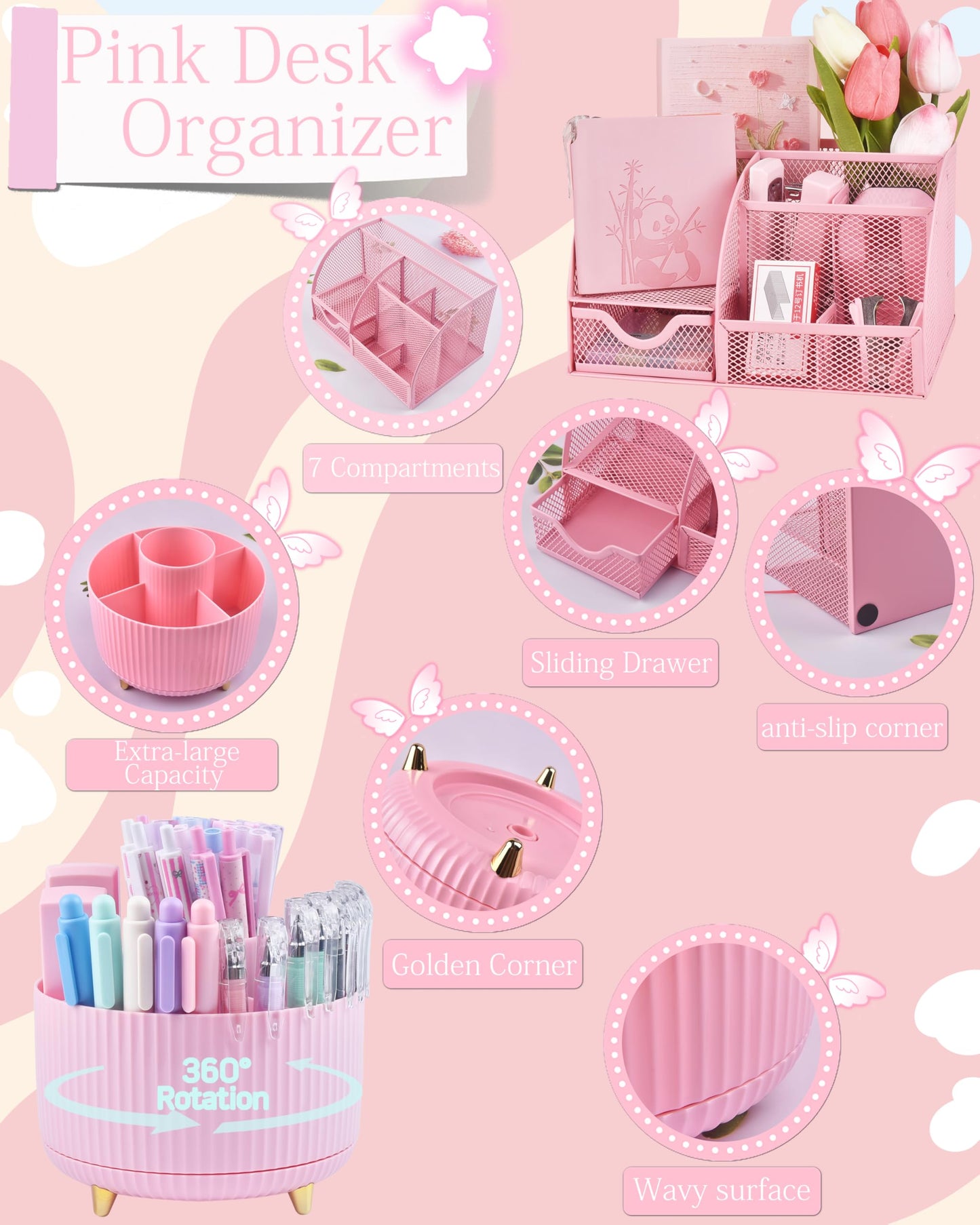 Vamrak Pink Desk Accessories and Organizers with Desk Organizer and 360°Rotating Pen Holder stapler Pen and a Lot of Office Pink Office Supplies Beautifully Presented in a Gift Box