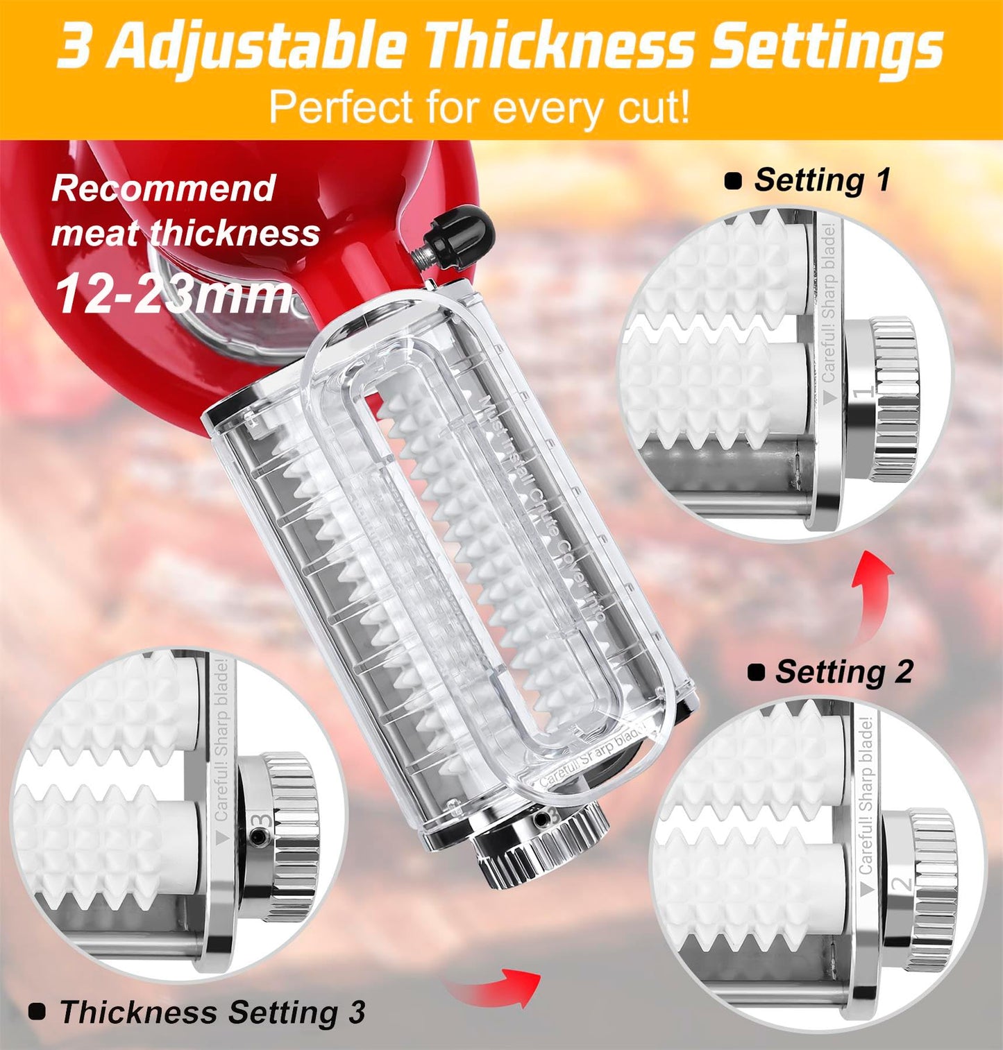 FavorKit Adjustable 3 Thickness Meat Tenderizer Attachment for Kitchenaid Stand Mixers,Durable Metal Housing with Transparent Cover,Dishwasher Safe