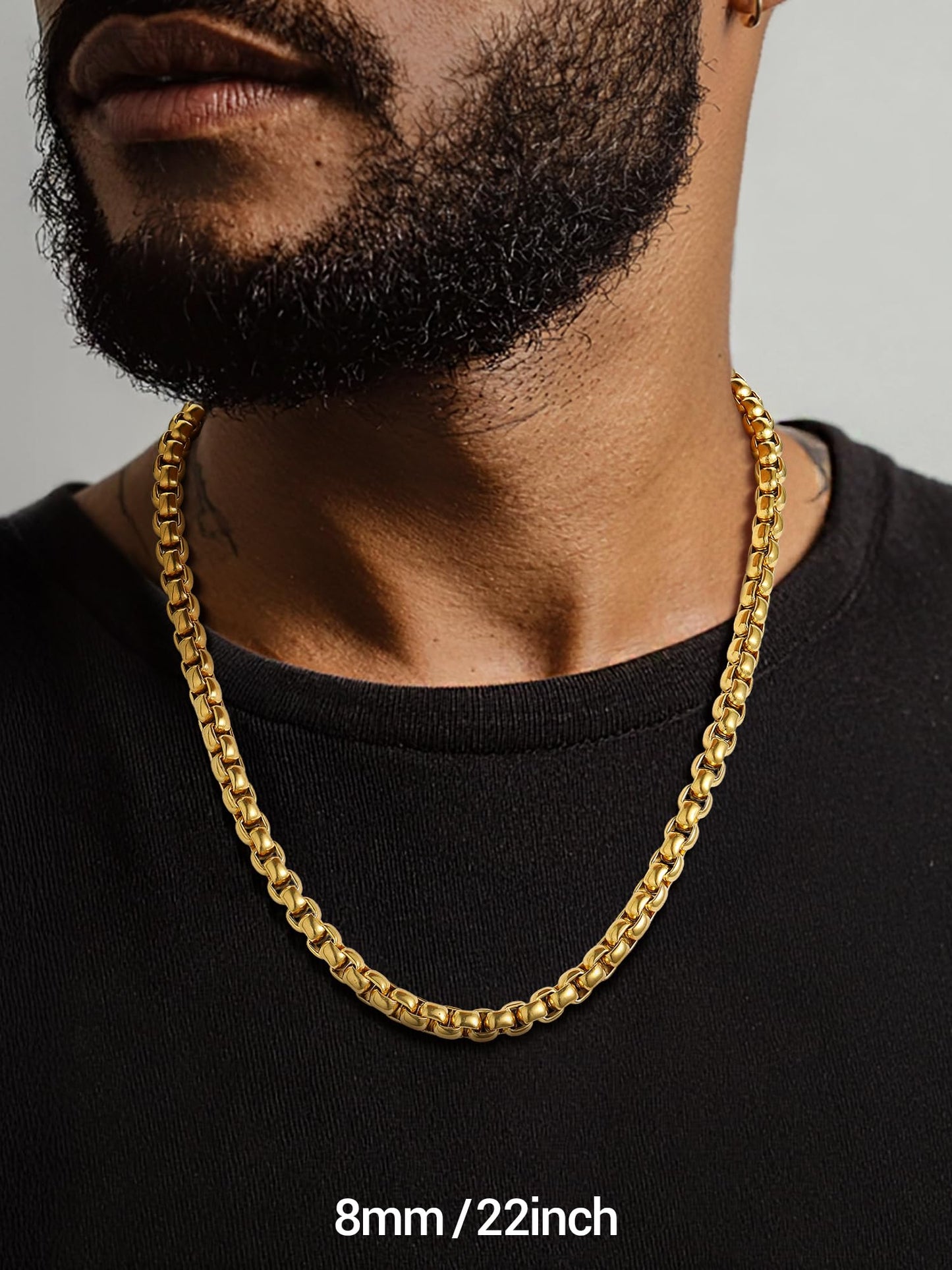 PROSTEEL Mens Chain Necklace, Squre Rolo Cable Chains 8mm Chunky 18K Gold Necklace Waterproof & Non Tarnish Men and Women Jewelry with Gift Box 20in