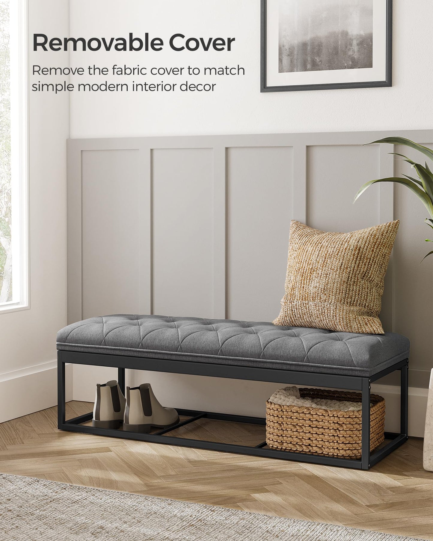 SONGMICS Storage Ottoman Bench, Foot Rest with Legs, 15.7 x 43.3 x 15.7 Inches, End of Bed Bench, Storage Chest, Load up to 660 lb, for Living Room, Bedroom, Entryway, Dark Gray ULSF088G01