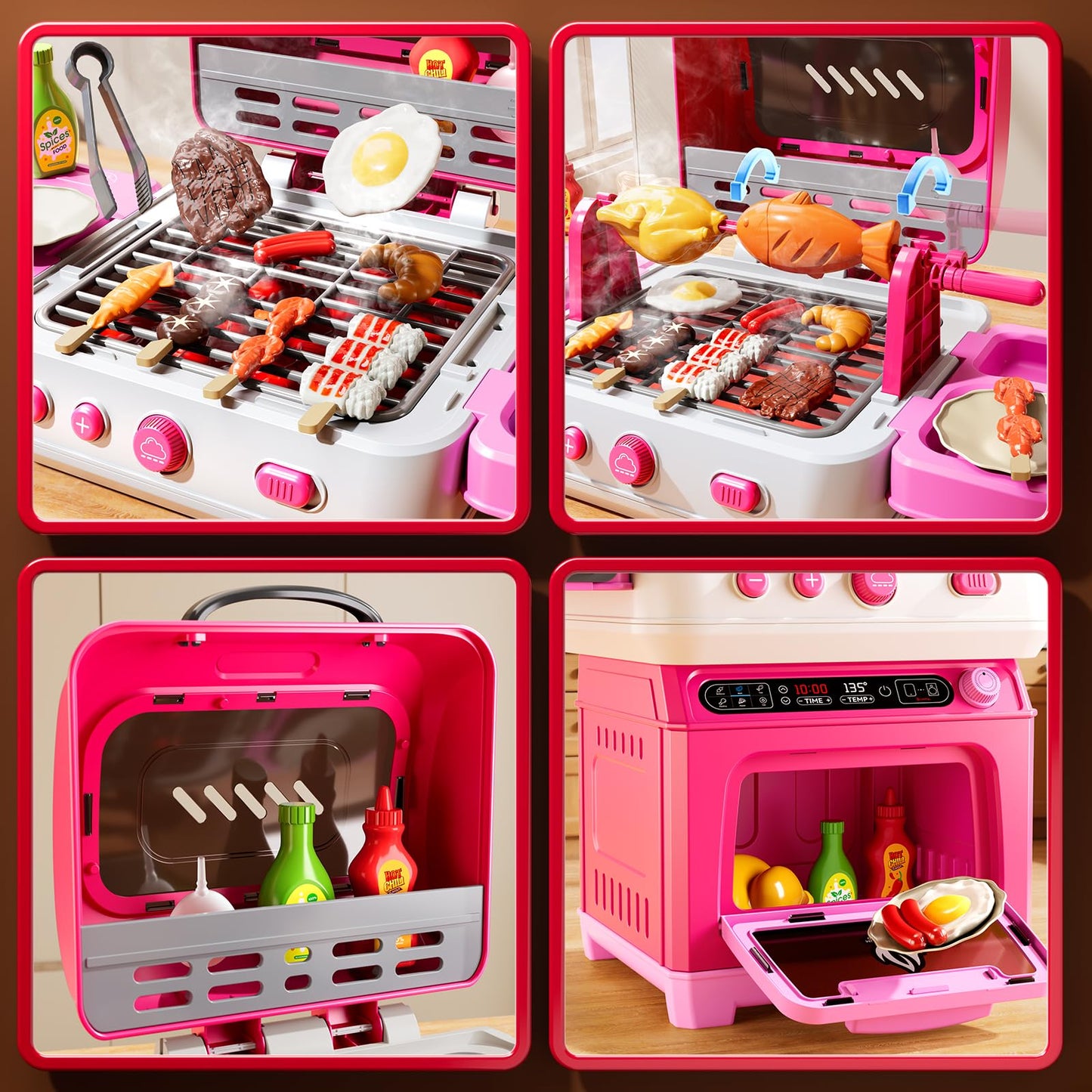 KIZONLY Kids BBQ Grill Playset Toy, 2-Layer Play Kitchen Toddlers Toys with Oven and Smoke, Cooking Toys for Kids Ages 4-8, Light and Sound, Barbecue Outdoor Grill Play Gift Toy for Toddler Girls 3-5