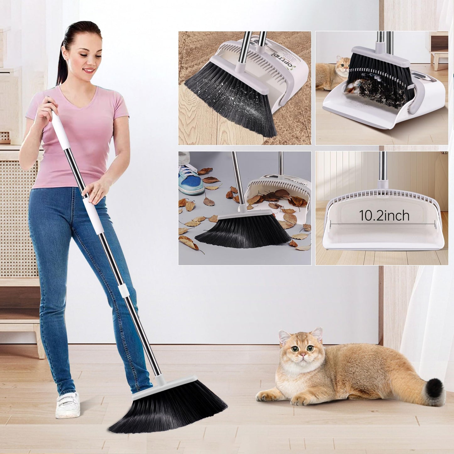 OPTTIDI Broom with Dustpan Combo Set, Hand Broom and Dustpan Set for Sweeping Indoor Angle Broom for Home Office Kitchen Lobby Floor Pet Hair Indoor&Outdoor Cleaning (White&Gray)