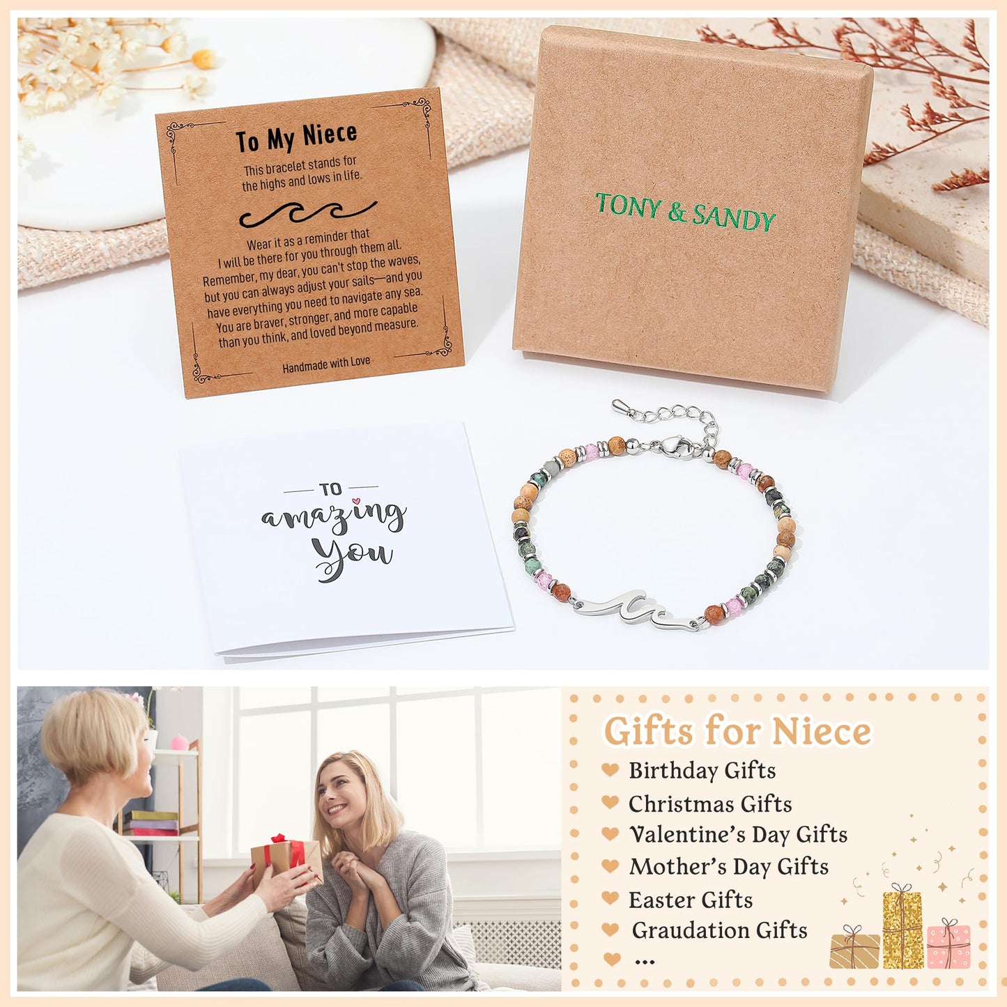 TONY & SANDY Niece Gifts from Auntie Aunt, Niece Bracelet Birthday Gifts, Wave Bracelet for Women, Graduation Gift for Her Easter Mothers Day Teens Adults Nieces Christmas Jewelry from Aunt