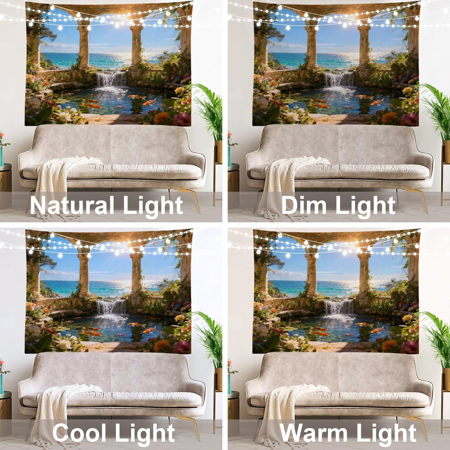 Shrahala Green Beautiful Landscape Wall Tapestry, Palace Beauty Retro Pavilion Waterfall Nature Scenery Wall Hanging Large Tapestry Decoration Fiber White Hem Around For Dorm Room Bedroom 30 X 40 In