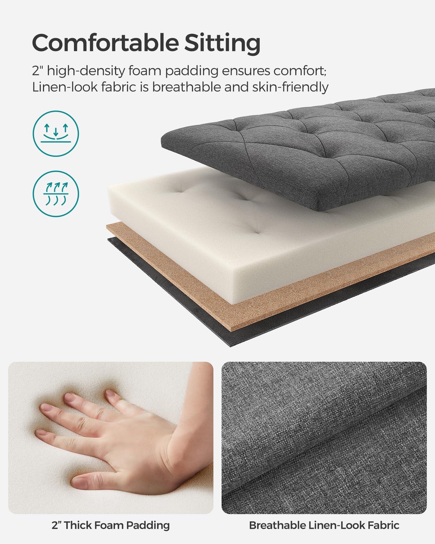 SONGMICS Storage Ottoman Bench, Foot Rest with Legs, 15.7 x 43.3 x 15.7 Inches, End of Bed Bench, Storage Chest, Load up to 660 lb, for Living Room, Bedroom, Entryway, Dark Gray ULSF088G01