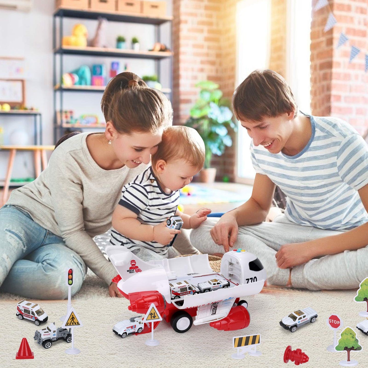 Acksonse Airplane Toy Kids Plane 15 Inches Large with Light and Sound for 3 4 5 6 7 Year Old Boys Girls Toddlers, Ambulance Aircraft Toy Vehicle Play Set with Traffic Signs and 6 Rescue Trucks