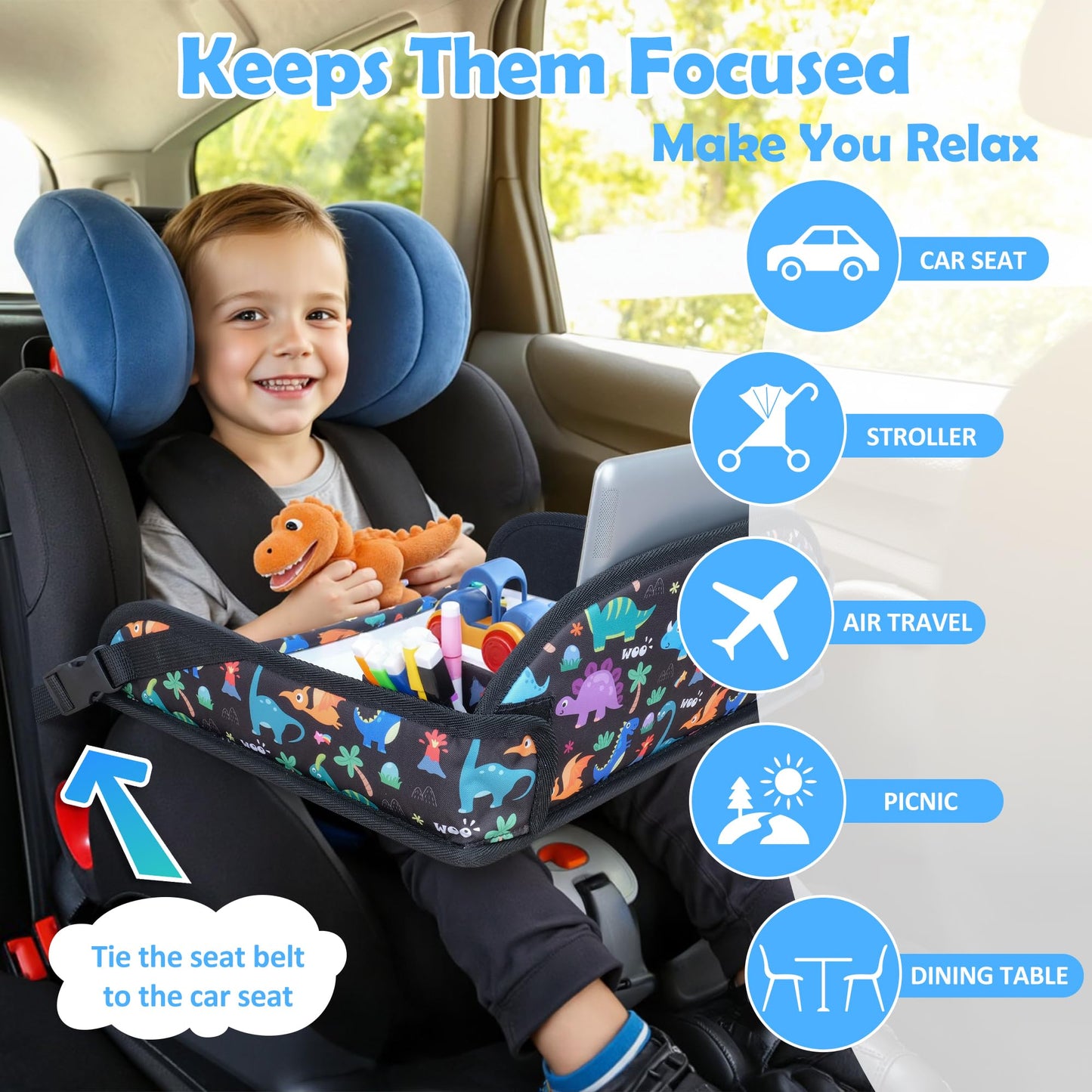 AZAMIA 2Pcs Kids Travel Tray for Toddler Carseat, Road Trip Activities Essentials for Toddler, Kids Lap Desk Tray with Tablet Holder Stand ＆ Dry Erase Board (Dinosaur-2Pcs)