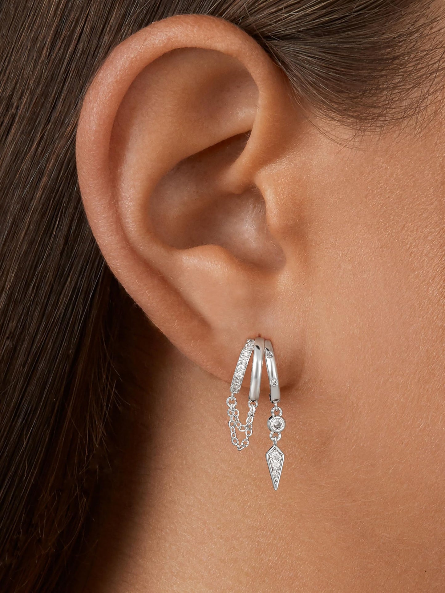 Freekiss Silver 3 Hoop Illusion Huggie Earrings for Women, Dainty Dangle Drop Chain Stud Earrings with Zircon, Sterling Silver Plated Hypoallergenic Women Jewelry Trendy