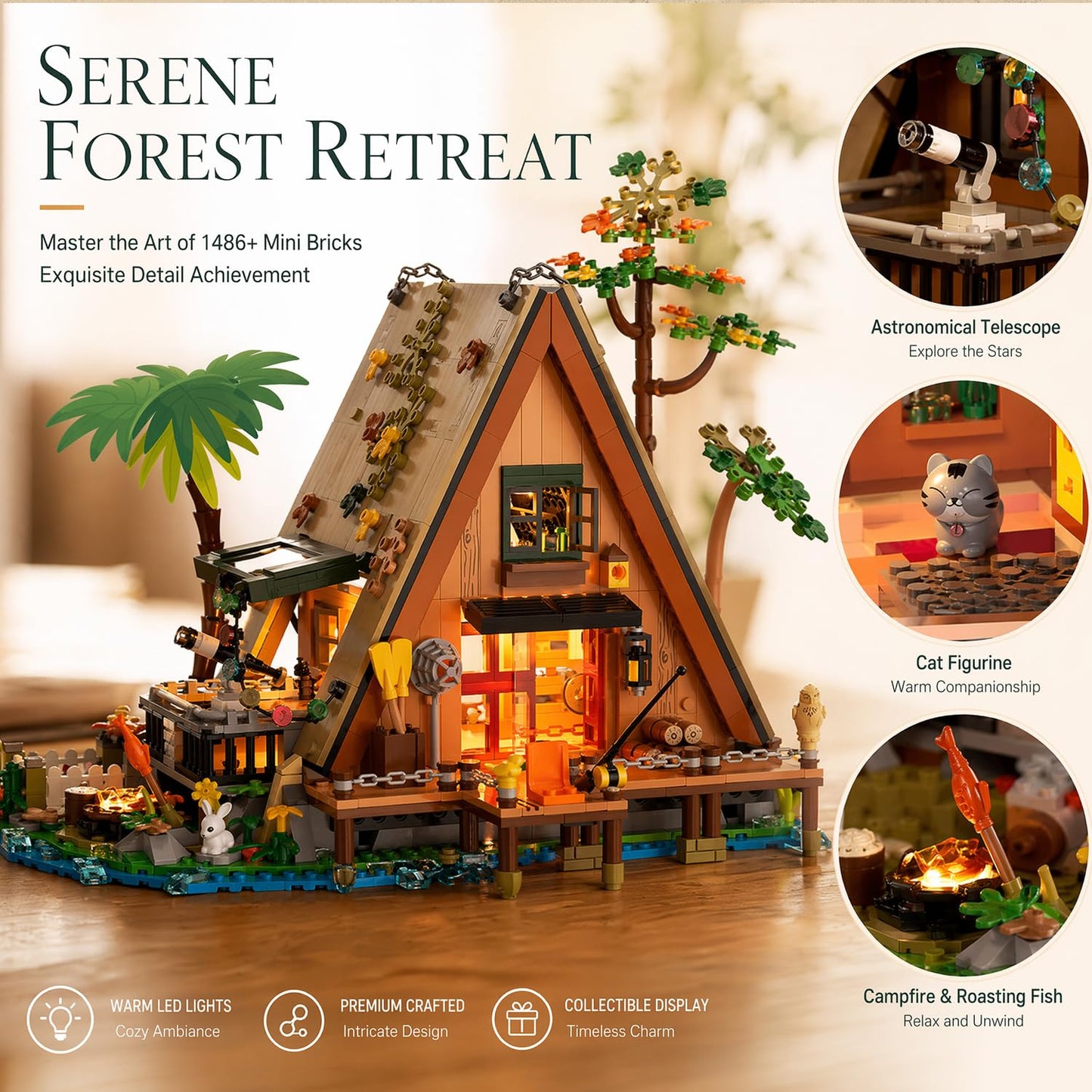 A-Frame Cabin Building Set with LED Light, 1486 Pcs Wooden Lakeside Cabin House Model Kit, 2-Story Architecture Collectible Set for Adults, Nature Animal Lovers Gift ZY-6028