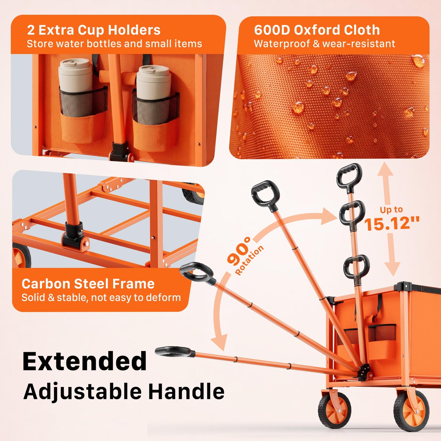 Hombetta Collapsible Wagon Cart with Wheels, 150L Lightweight Foldable Utility Cart, Portable Rolling Wagon for Garden, Shopping, Sports, Camping, Transport, Orange