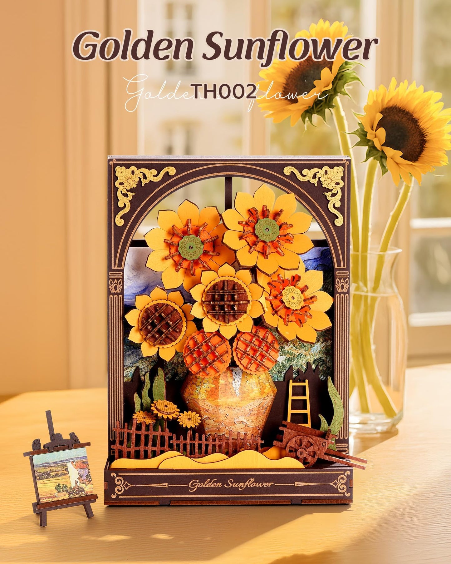 Wowood 3D Wooden Puzzles for Adults - Van Gogh Golden Sunflower DIY Model Building Kits with LED Light - Gifts for Mothers Day - Home Decor, Wall Art & Unique Creative Gifts for Art Lovers/Men/Women