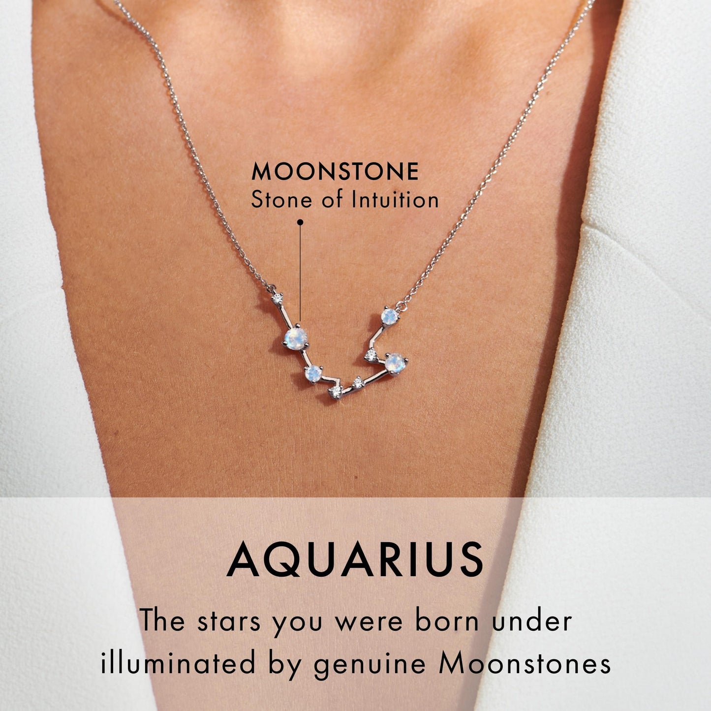 Moon Magic Moonstone Necklace - Aquarius Zodiac Constellation / 925 Sterling Silver - 18k Rose Gold - Yellow Gold Rainbow Moonstone Necklaces for Women/Authentic Rainbow Crystal Jewelry