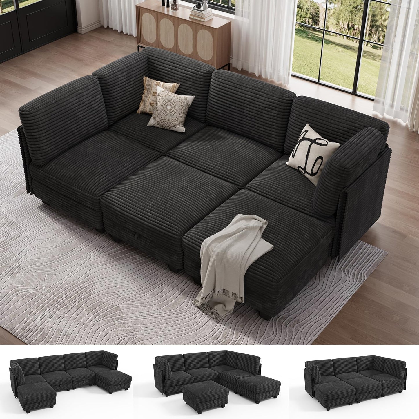 OhaiAura Modular Sectional Sofa with Adjustable Backrest, Convertible L/U-Shaped Sleeper Couch for Living Room, Cloud Sofa Bed Modern Reversible Design, Black