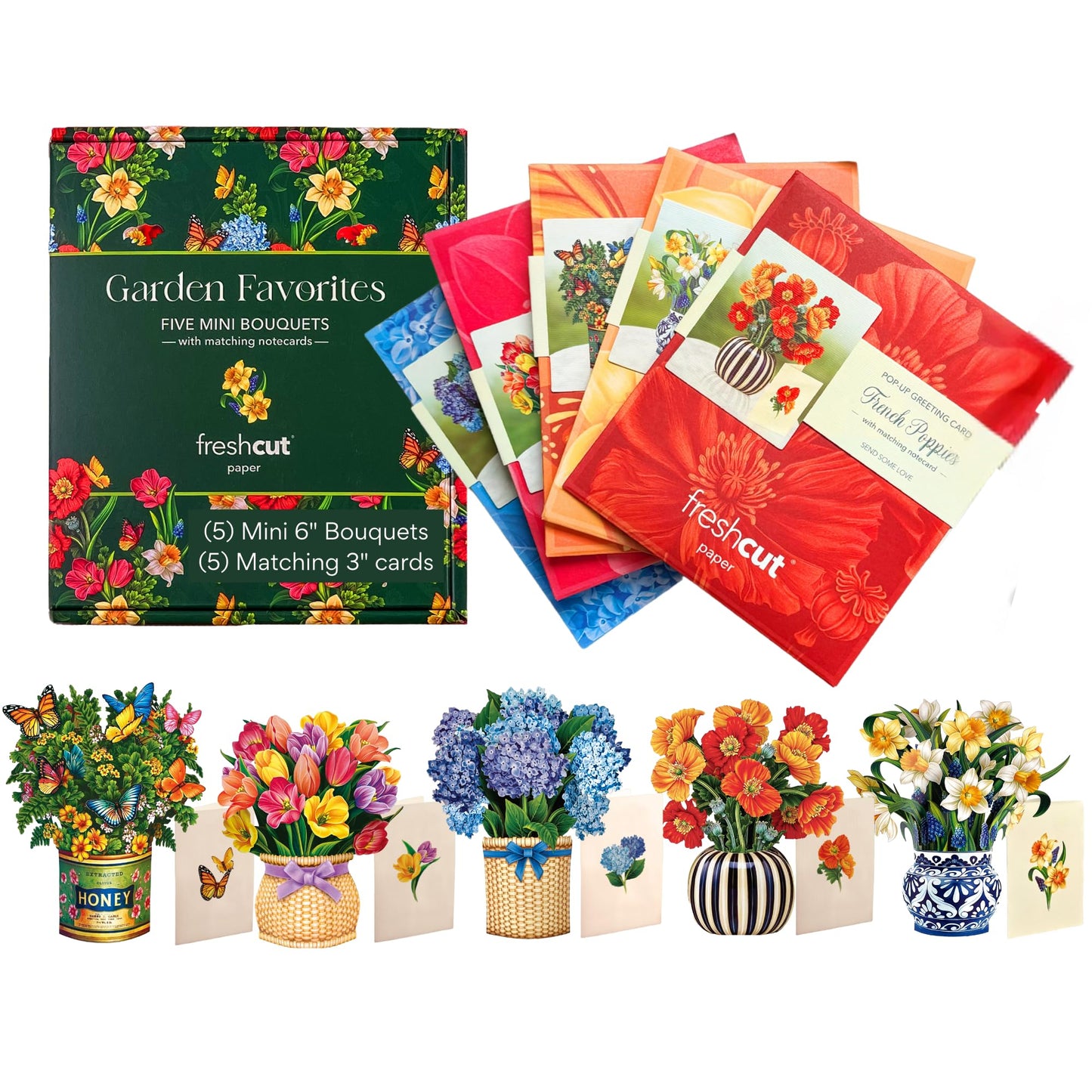 Freshcut Paper Pop Up Cards, Garden Favorites, 6 inch Mini Sized Paper Flower Bouquet 3D Popup Greeting Cards, Birthday Card, Thank You Card, Blank Notecards & Envelopes, Pack of 5