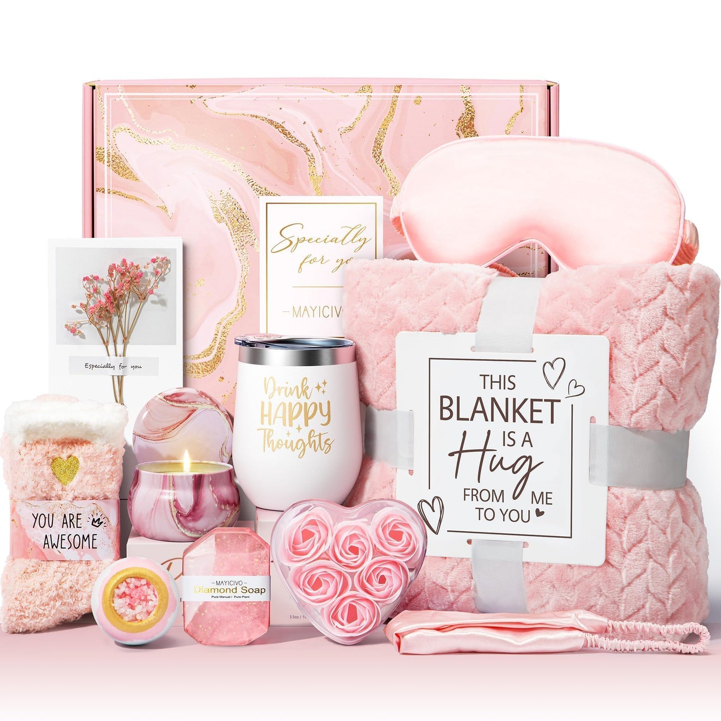 Mothers Day Birthday Gifts for Women Self Care Get Well Soon Gifts, Rose Relaxing Spa Gift Basket Thinking of You Care Package with Flannel Blanket, Unique Gift for Her Mom Wife Grandma Friend Sister
