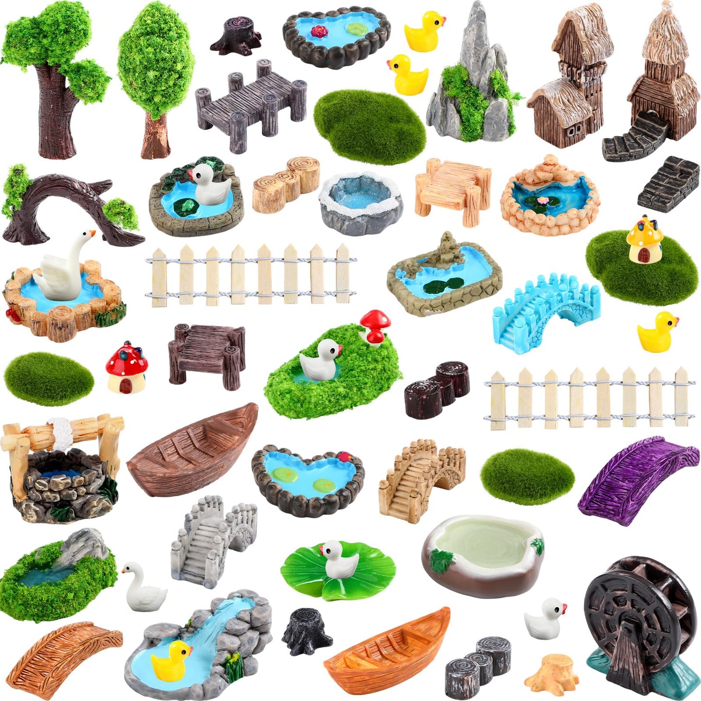 BrightRow 56 Pcs Fairy Garden Miniatures Accessories Bulk Miniature Nature Village Theme Fairy Garden Supplies for Outdoor Mini Bridge House Landscape Water Well Ornament for DIY Craft Succulent Decor