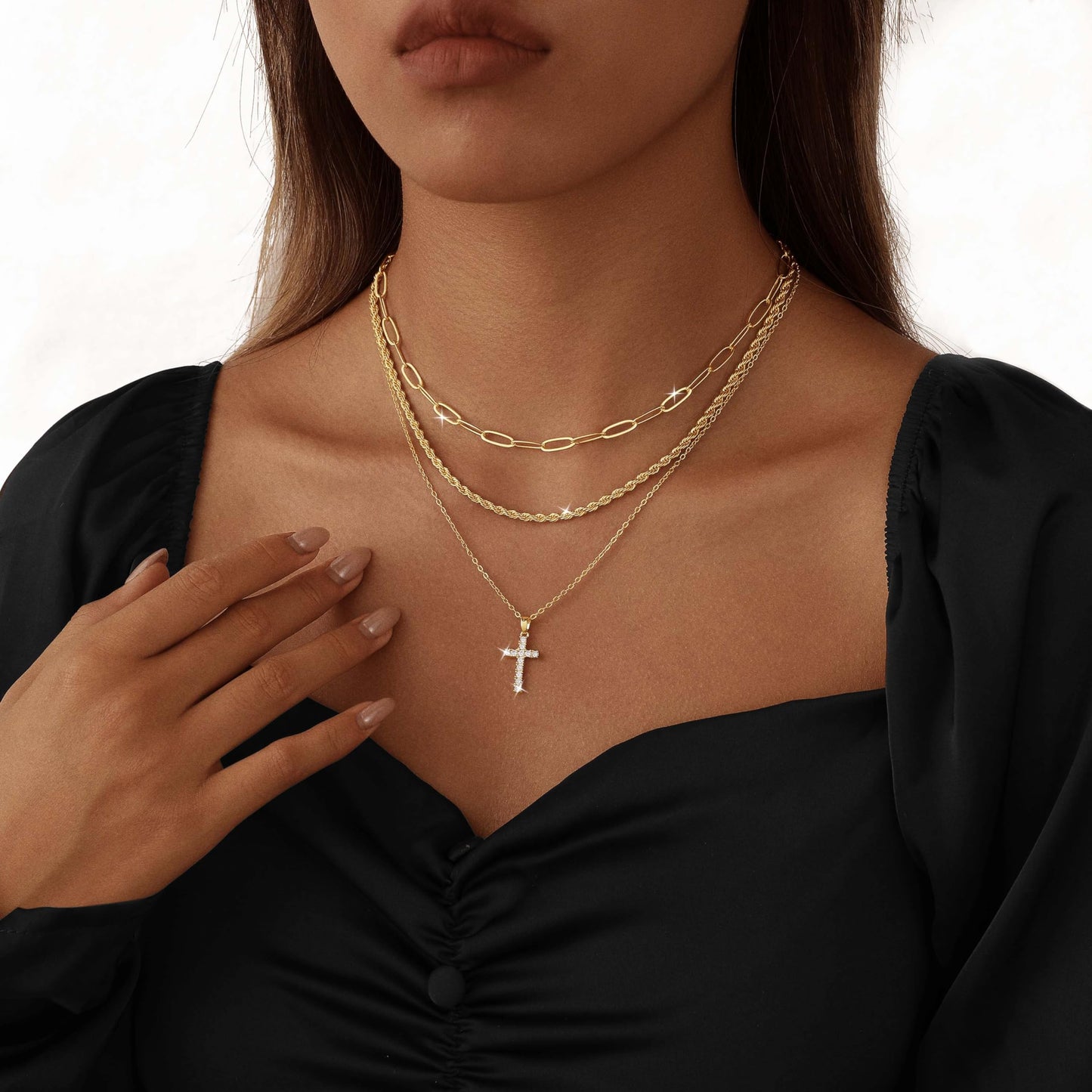 Nancomy Layered Gold Cross Necklaces for Women, Stack 14K Gold Plated Cubic Zirconia Pendant Necklace Set Dainty Choker Layering Necklaces for Women Faith Jewelry Religious Gift