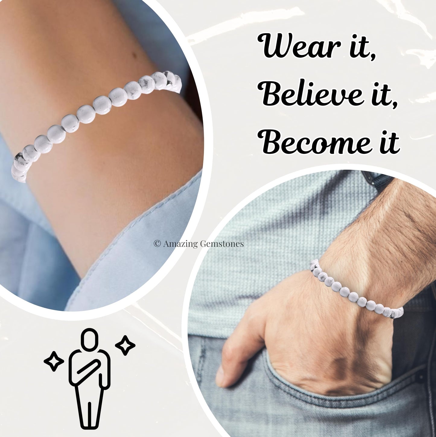 Amazing Gemstone Howlite Bracelet, Gifts For Men & Women - Protection Healing Crystal Bracelet - 6mm Gemstone Beaded Adjustable Bracelet, Pulseras Para Hombres Mujer Stocking Stuffers