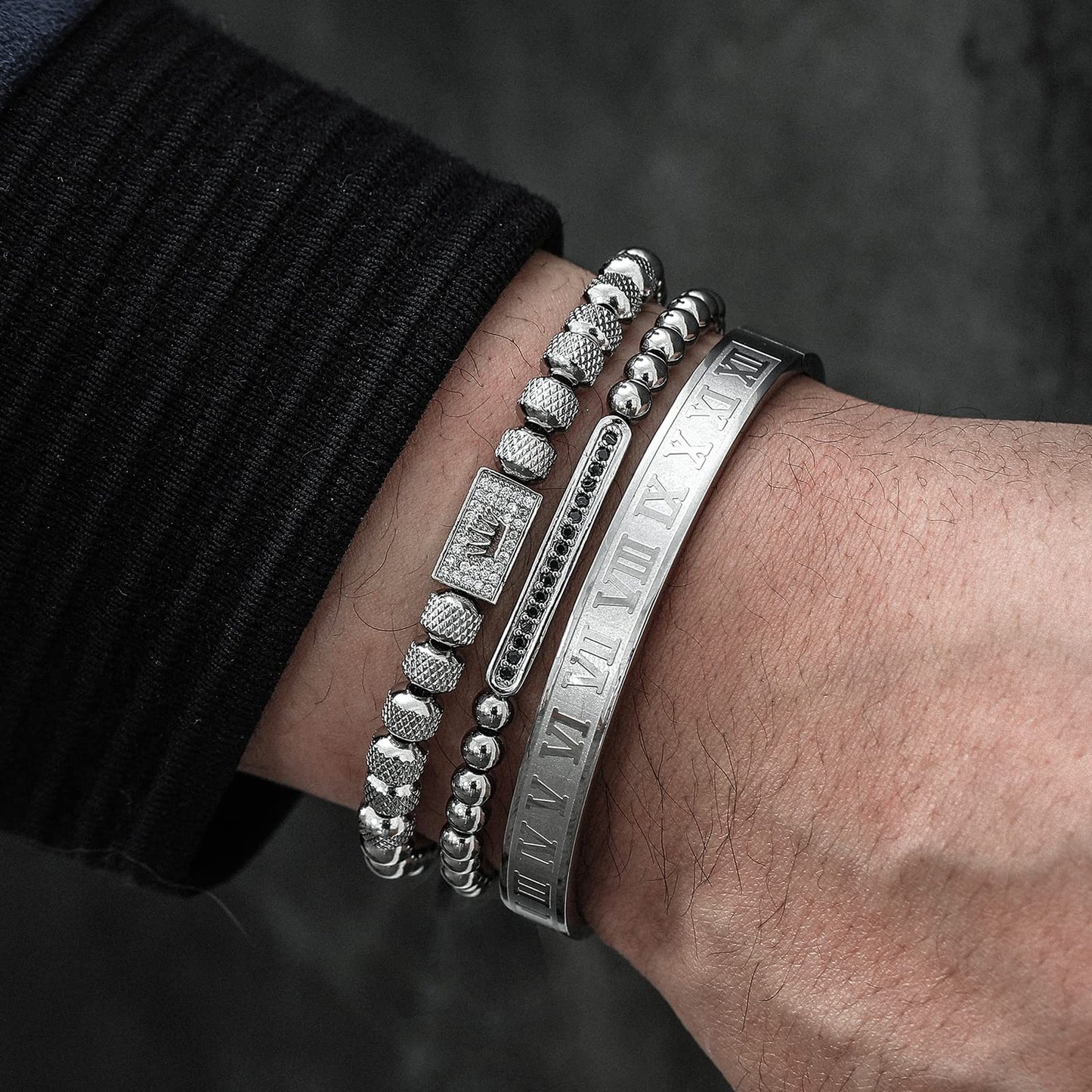 WFYOU 3PCS Stainless Steel Bracelets for Men Gold Roman Numeral Bangle Bracelet Twisted Cable Bracelet Adjustable Cuff Bracelet Mens Luxury Jewelry Bracelets Gifts(H:Silver)