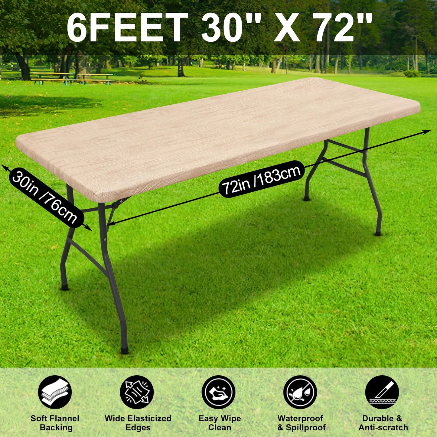 Smiry Rectangle Table Cloth Cover, Waterproof Elastic Fitted Picnic Tablecloth for 6 Foot Tables, Wipeable Flannel Backed Vinyl Tablecloths for Camping, Dining, Outdoor (Beige Wood, 30" x 72")