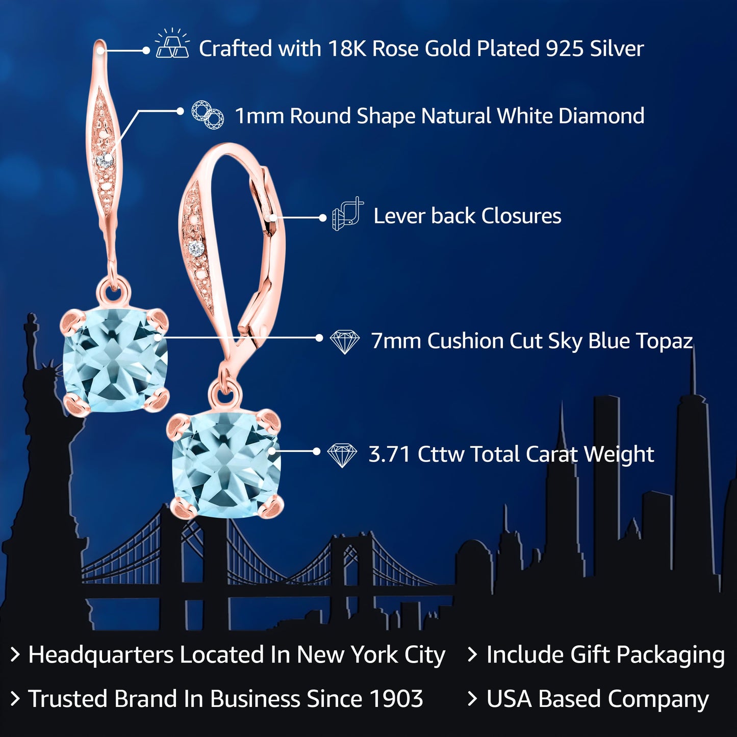 Gem Stone King Drop Dangle Earrings For Women | 7MM Cushion Cut Gemstone Birthstone and Diamond | 925 Sterling Silver | Jewelry Gift for Mom Wife Her | Sky Blue Topaz-November | Rose Gold
