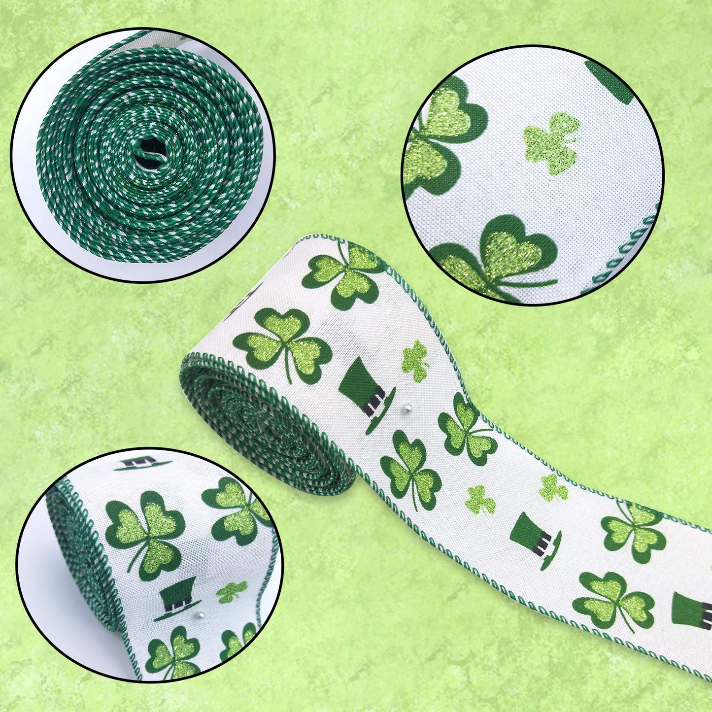 Tlswshsy 4 Rolls Shamrock Wired Edge Ribbon - 2.5''×24 Yard St Patrick's Day Green Wired Ribbon, Burlap Plaid Shamrock Fabric Craft Irish Ribbons for Gift Wrapping, Wedding Birthday Crafts Decorations