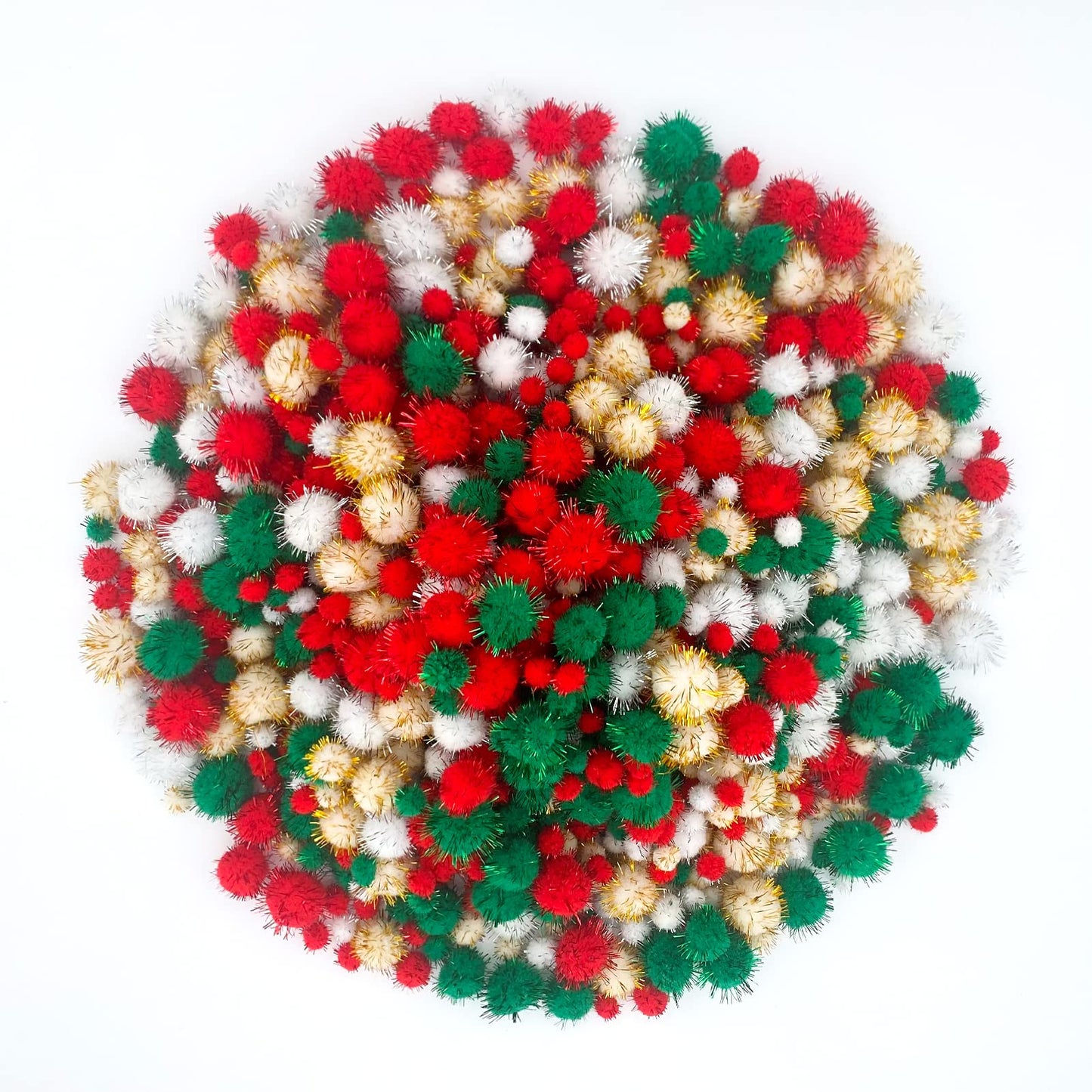 Lusy DM 1200 Pieces Christmas Pom Pom Glitter Pom Pom Balls Christmas Tinsel pom pom for Craft Making and Hobby Supplies (4 Sizes, Gold, White, Red, Green)