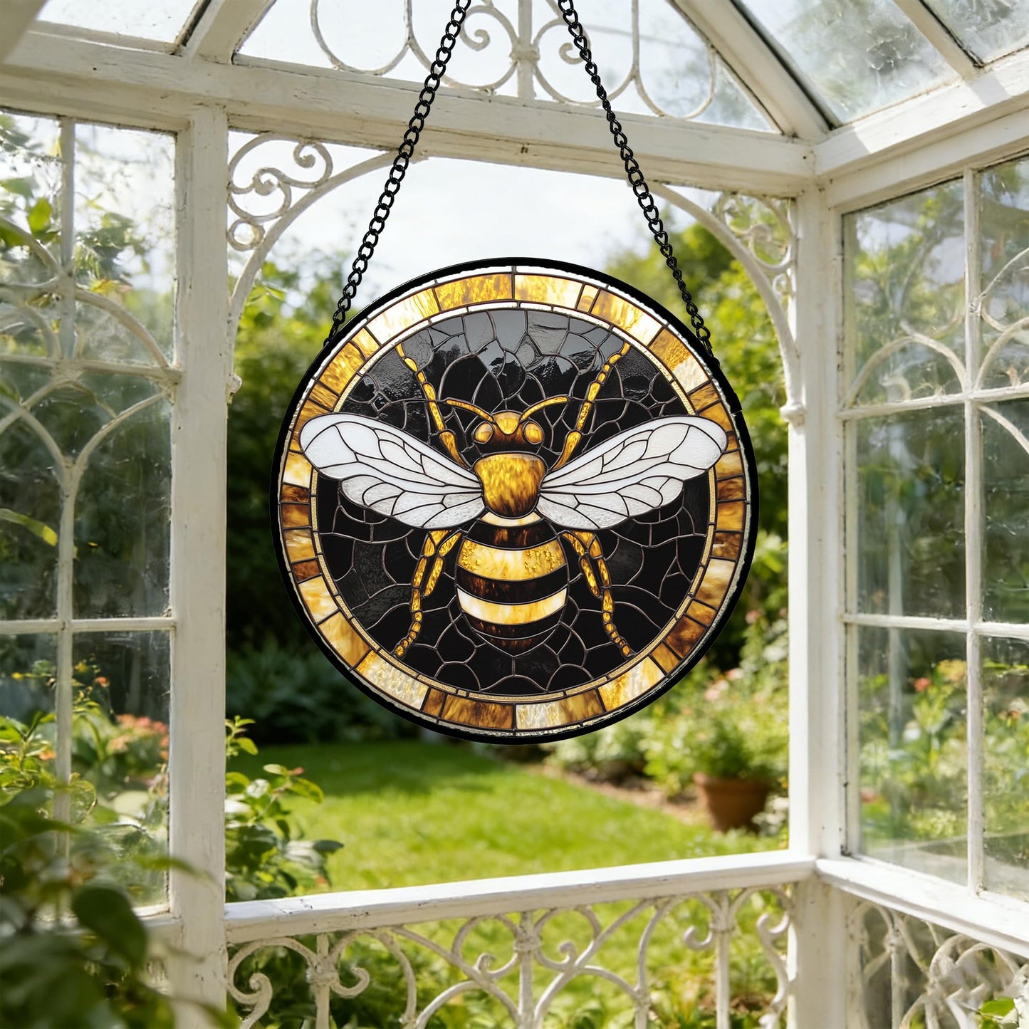 AMDERVEN Stained Glass Window Hanging - Black Gold Bee White Wings Sun Catcher for Door Home Decor Insect Suncatcher Christmas Mother's Day Birthday Gifts for Women Men Lovers Mom Nana 15 in