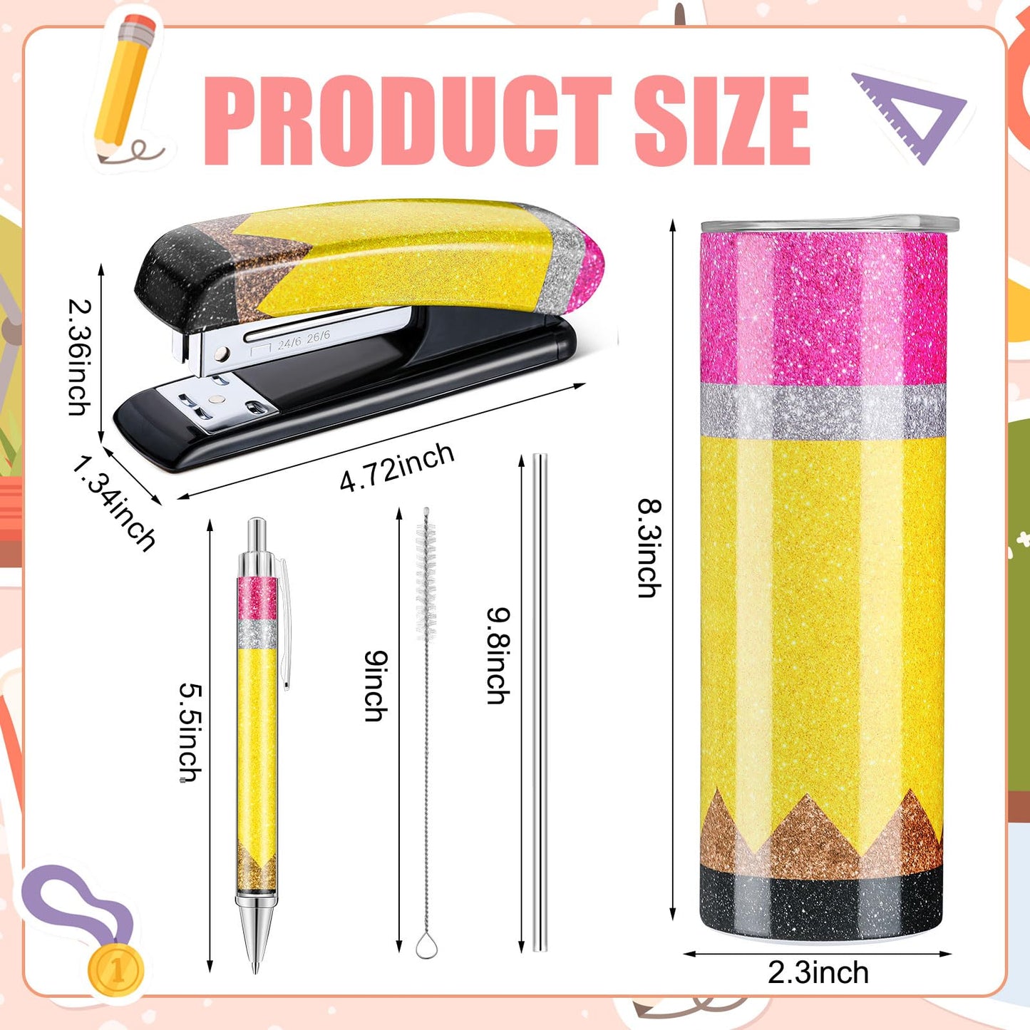 Humyoun 3 Pcs Teacher Appreciation Gifts Set Glitter Pencil Stapler Tumbler Ballpoint Pen Teacher Gift Office Supply 20 oz Stainless Tumbler Stapler with Staples for 2026 Graduation School Gift
