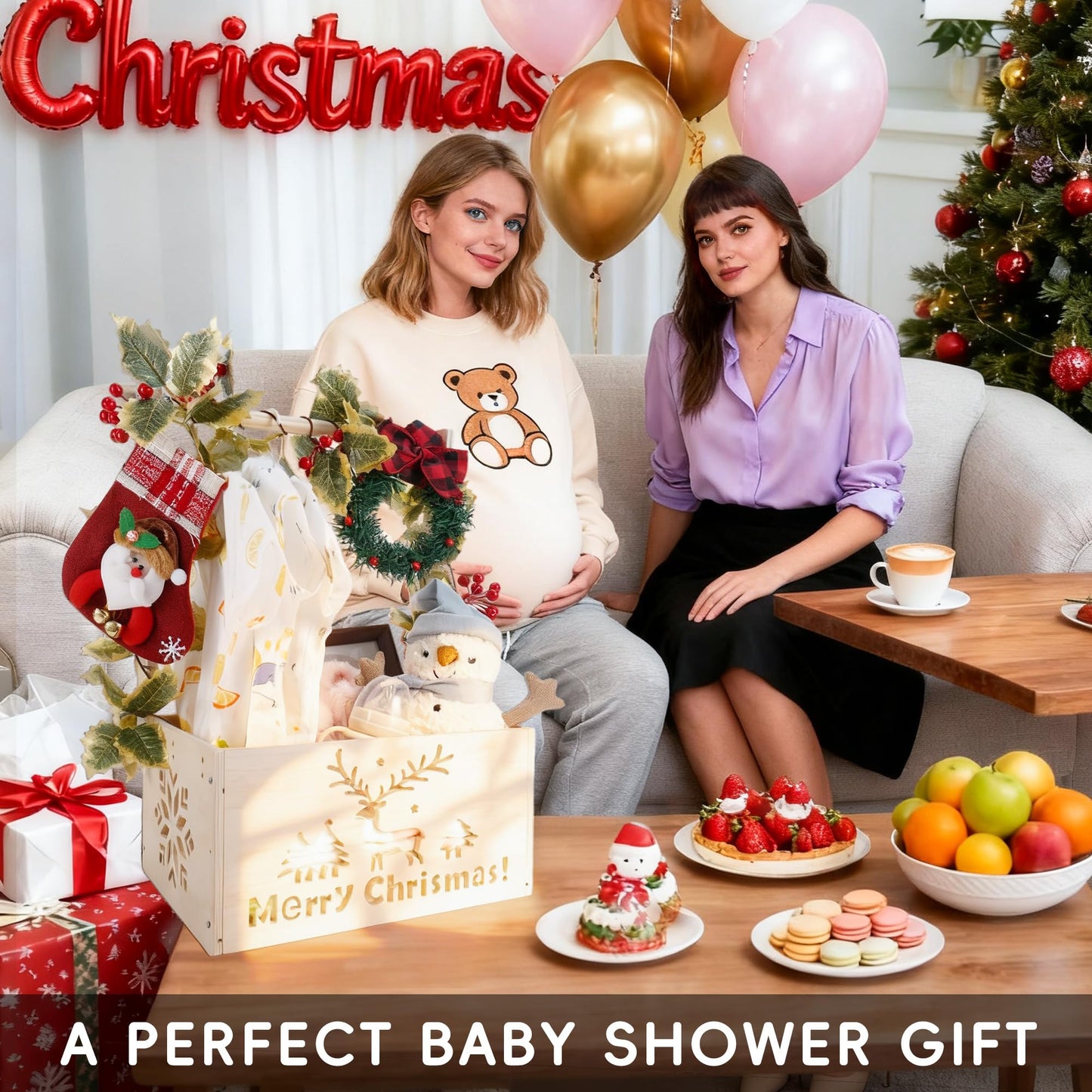 XIANMEI Wooden Baby Shower Crate Closet, Shower Basket with Artificial Vines & Garland, Perfect Gifts for Newborn, Pregnancy New Parent