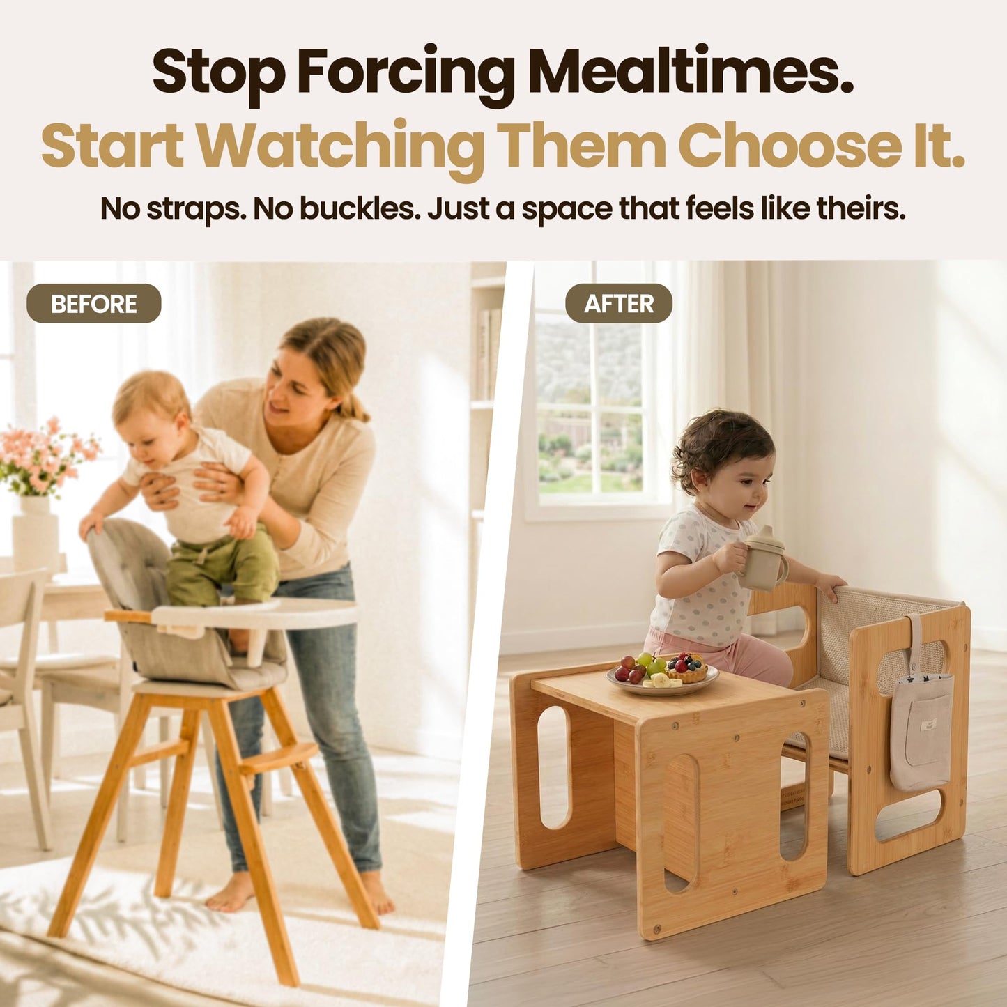 Little Habitats Montessori Weaning Table & Chair Set – Kids Desk & Activity Table with Flip Chair, Removable Cushion, Hanging Pouch & Toy, Convertible, Indoor/Outdoor Toddler Dining, Play & Learning