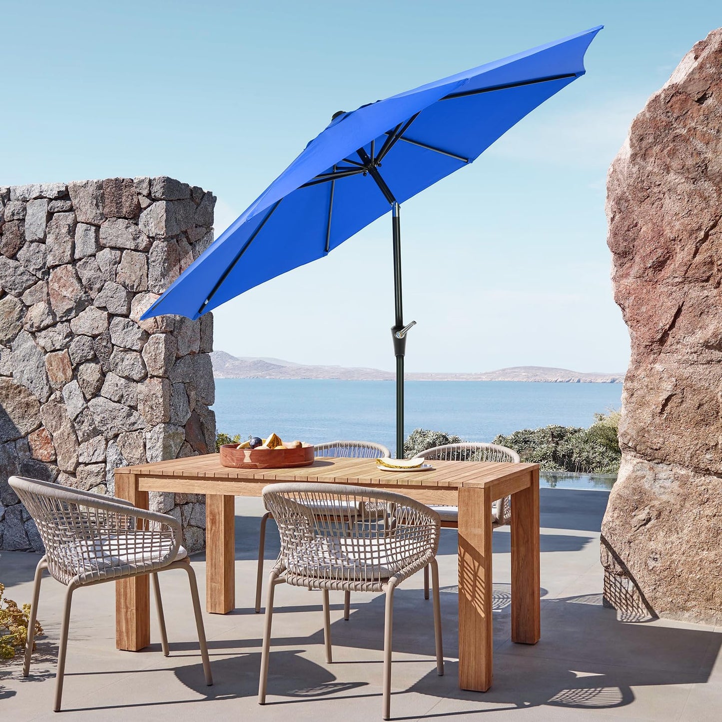 OLIXIS 9ft Patio Umbrella with Tilt and Crank Button & 8 Sturdy Ribs Waterproof, Patio Table Umbrella Perfect for Poolside, Terrace, Beach and Outdoor Restaurant, Blue