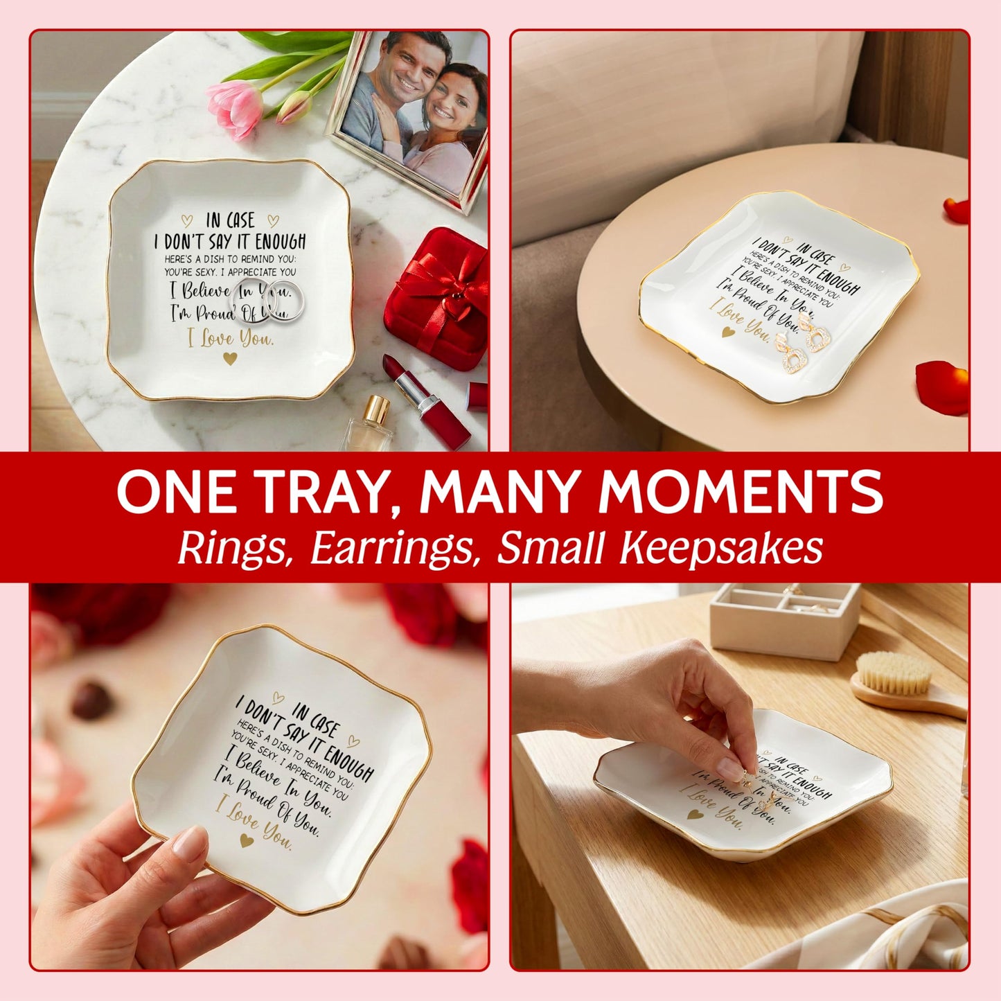 OASSIE Anniversary Couple Gifts for Women - 4"x4" Ceramic Jewelry Dish Tray - Romantic Wedding Anniversary Engagement Gifts for Her Women, Wife Birthday Gift Ideas, Girlfriend Gift, Decorative Tray