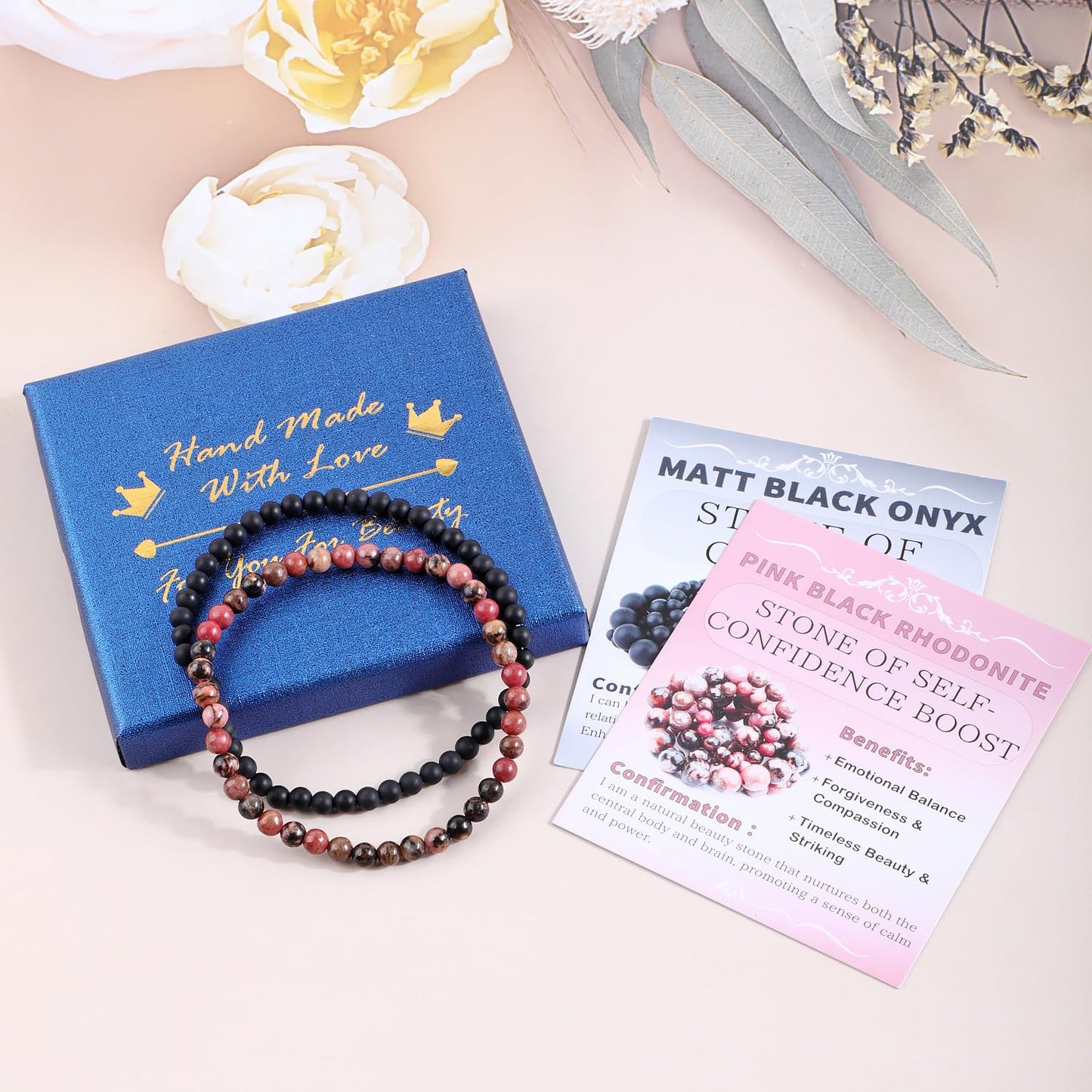 NCB 2-Piece 4mm Natural Crystal Gemstone Stretch Bracelets – ﻿Pink Black Rhodonite, Matte Black Agate Handmade Reiki Energy Healing Jewelry for Meditation,Yoga, Unisex