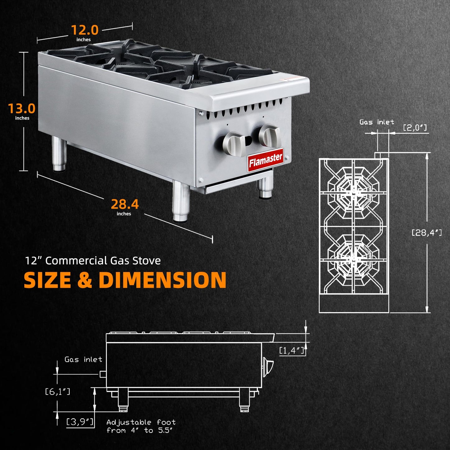2 Burner Commercial Hot Plate, 12" Countertop Gas Stove Stainless Steel Natural Gas Range with Propane Conversion Kit Cooking Equipment for Restaurant Kitchen-50000 BTU