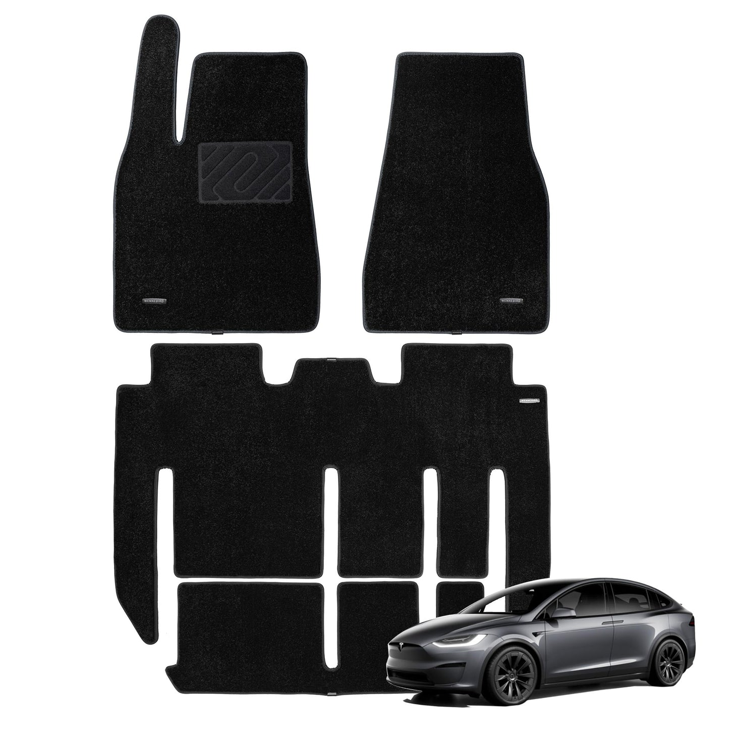 WENNEBIRD Superior Carpet Floor Mats for 2015-2020 Tesla Model X 7 Seats (Not for 5 Seats & 6 Seats & Chrome Rails), 0.6-Inch Ultra-Thick, Noise-Reducing, All-Weather Waterproof Anti-Slip – 4-Pc Set