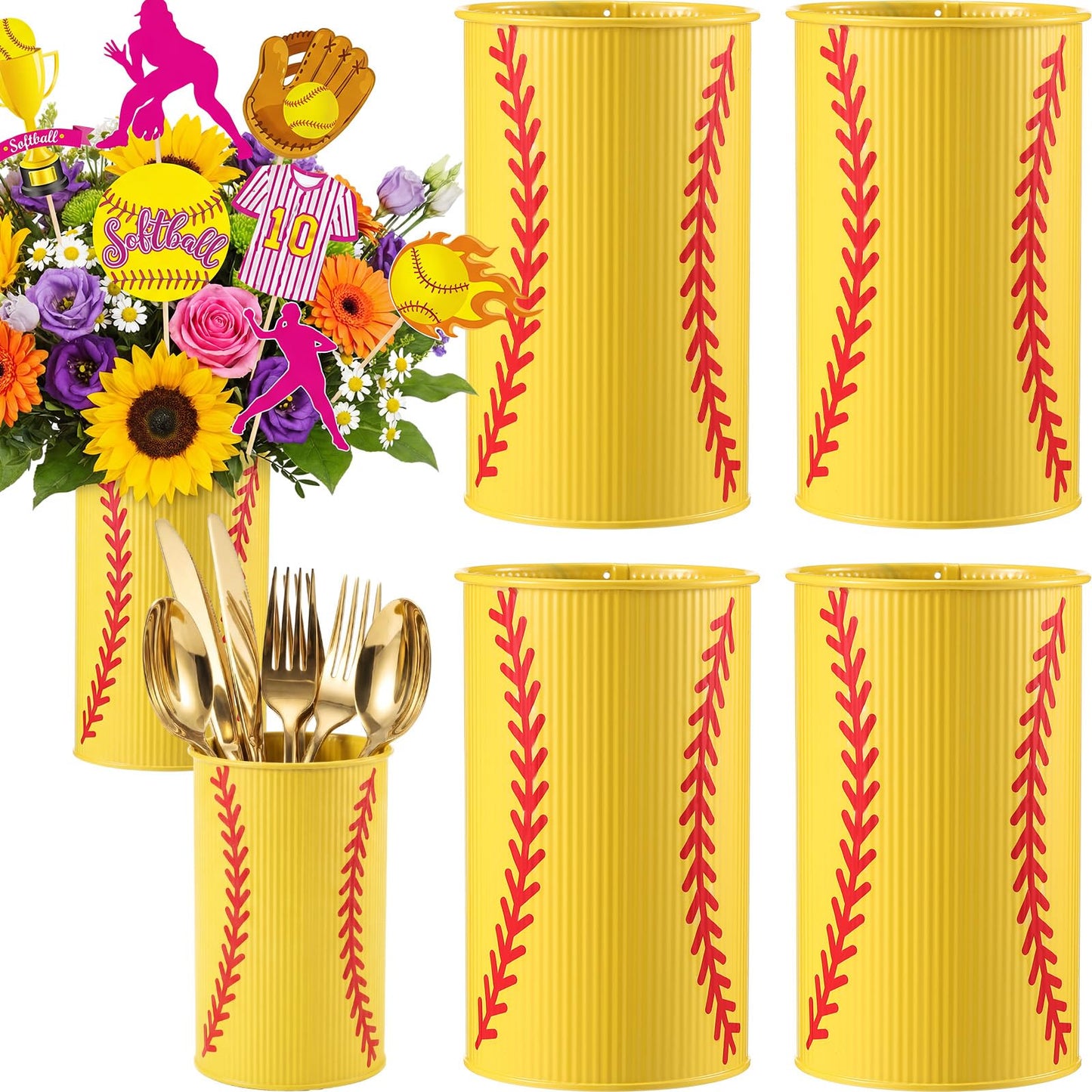 Teecyhooo 6 Pcs Softball Centerpieces for Table Decor Softball Vase Galvanized Metal Buckets Sports Themed Party Decorations Team Gifts for Artificial Flowers Pen Holder Utensil Kitchen Home
