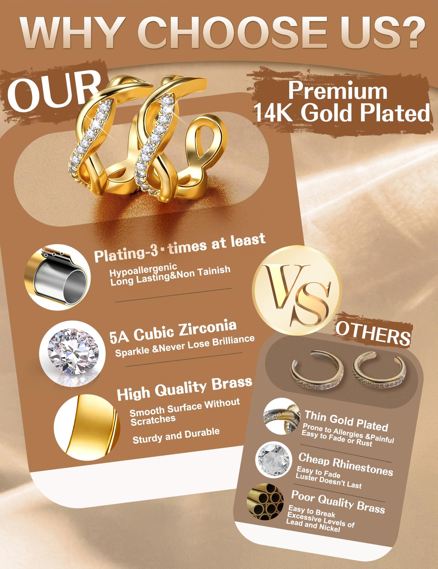 4 Pairs Ear Cuffs Non Piercing - 14K Gold Plated Ear Cuffs Earrings for Women Trendy Ear Cuff for Non Pierced Ears Clip On Carrtilage Earring Lightweight Adjustable Fake Earrings Set Classic