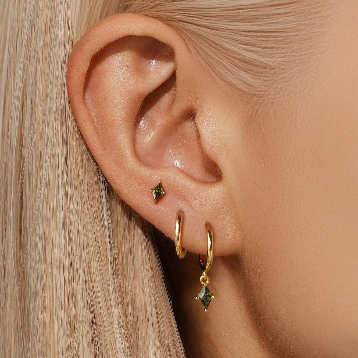 SELFROSE Dainty Gold Earrings for Women,Cute Hoop Huggie Earring 14K Gold Plated Green Trendy Small Cartilage Earring Set Hypoallergenic Drop Dangle Earrings Womens Jewelry