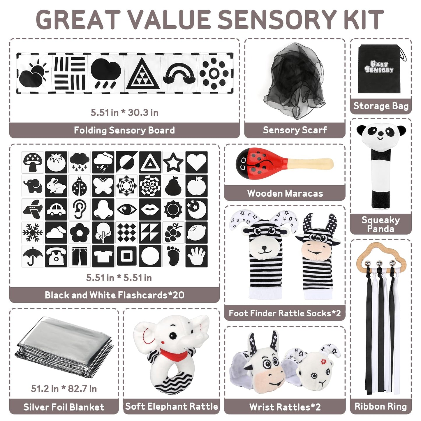 Dreamon 32PCS High Contrast Black and White Baby Sensory Toys, Newborn Tummy Time Toys with Rattle, Soft Book & Flash Cards, Montessori Infant Toys for 0-12 Months Boys Girls Shower Gifts