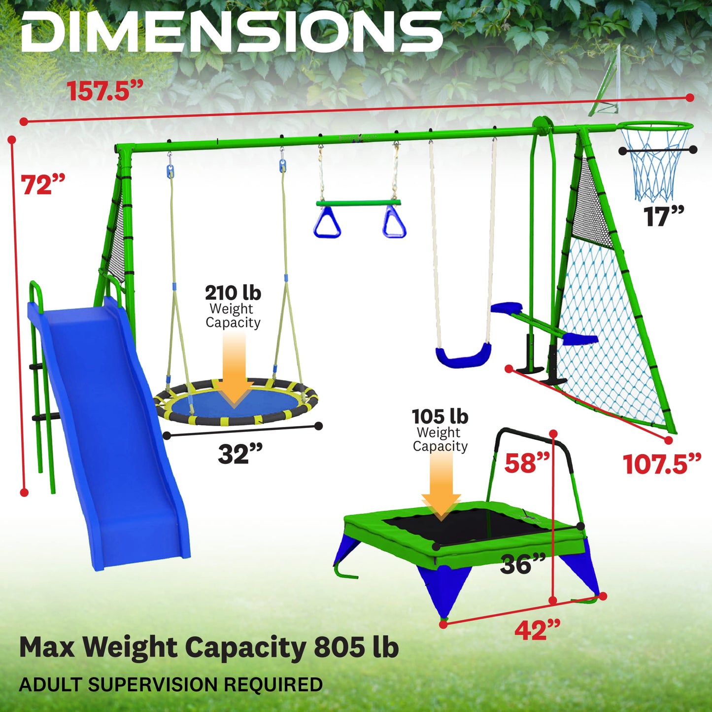 FITNESS REALITY KIDS Sports Outdoor 8 Station Playground Set, Includes Swing Set, Slide, Monkey Bars, Basketball Hoop, Trampoline, Soccer and Basketball + Pump, Green