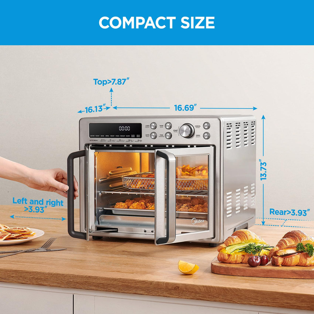 Midea Flexify French Door Toaster Oven Air Fryer Combo, 26.4 QT, Extra Large Air Fryer Countertop Oven 10-in-1 Combo, 25% Faster Cooking and 90% Less Oil, Stainless Steel