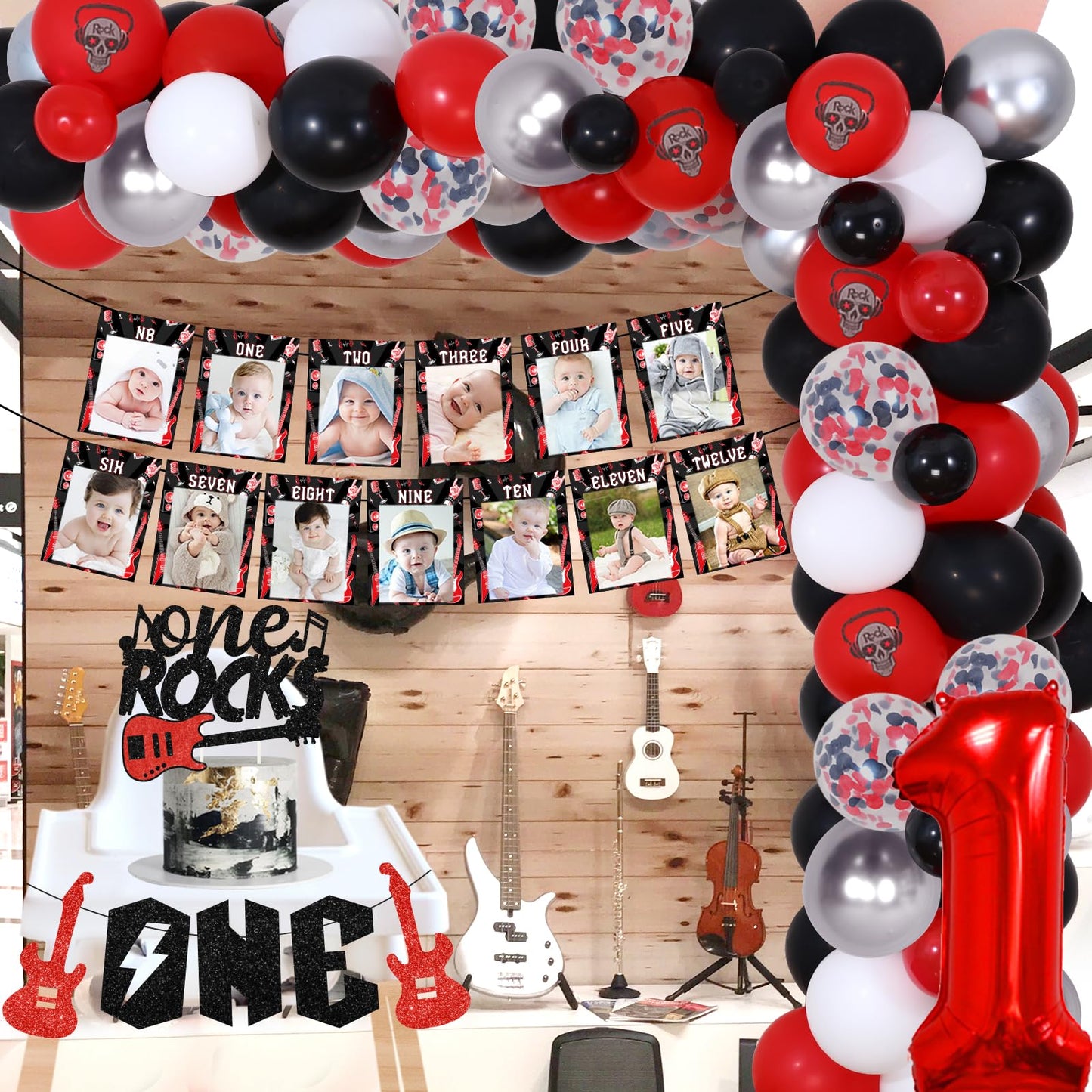 Fangleland Red Black One Rocks 1st Birthday Decorations, Rock and Roll First Bday Balloon Garland Arch Kit, Born to Rock Photo Highchair Banner, Music Themed Cake Topper Party Supplies