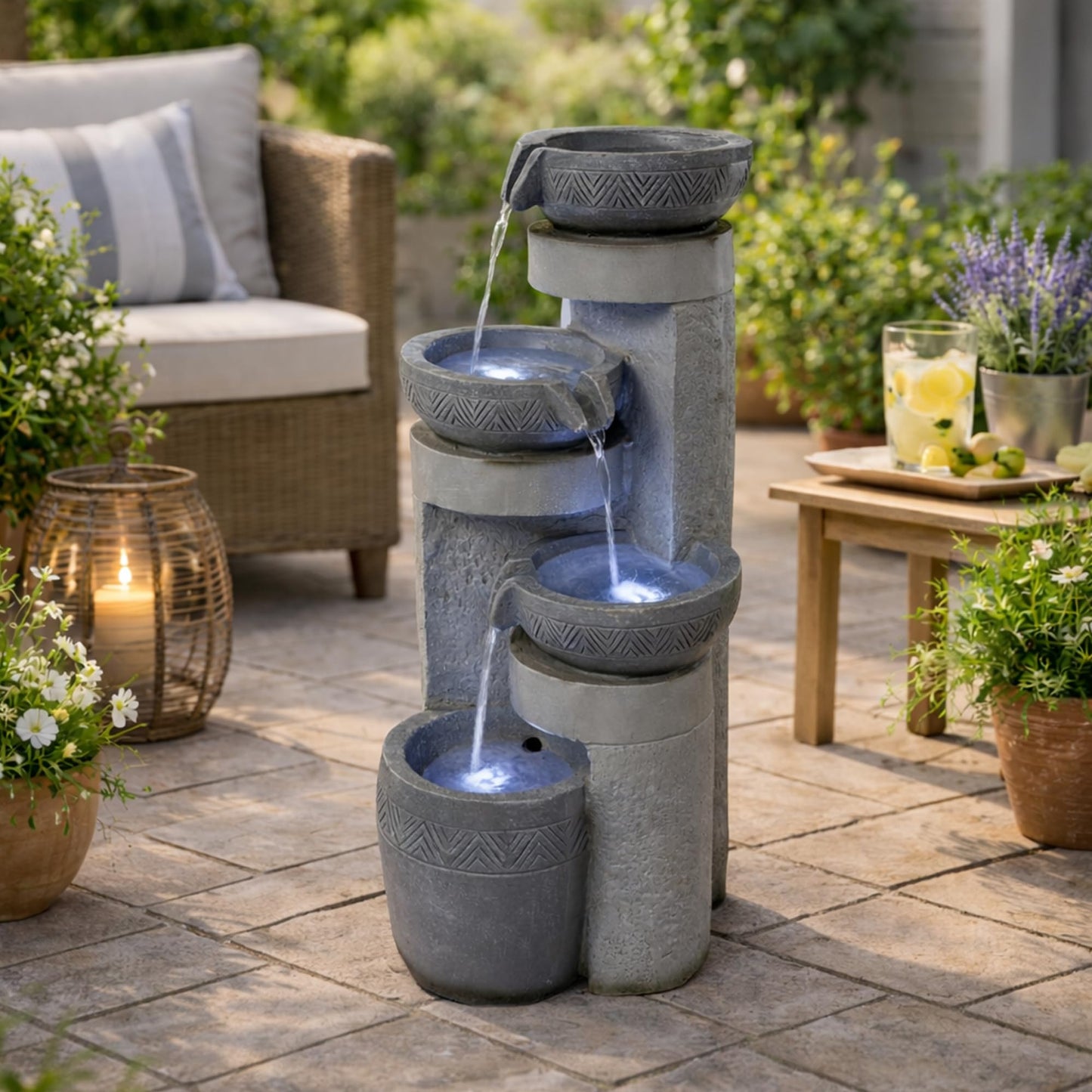 32" Outdoor Water Fountain with Led Lights, 4-Tier Modern Pottery Water Fountain, Outdoor Garden Waterfall Decor for Garden, Patio, Courtyard