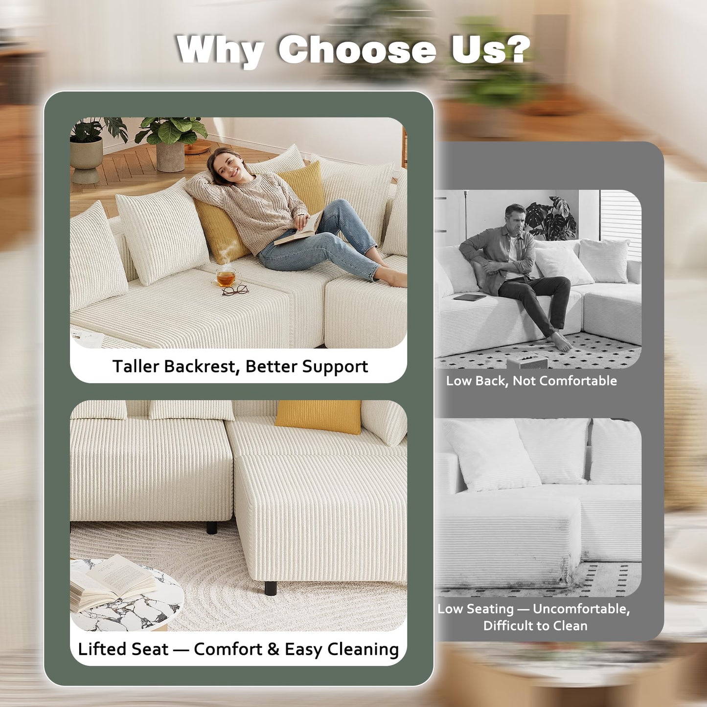 Modern Oversized Modular Sectional Sofa, Boneless Cloud Loveseat with Legs, Corduroy Big Comfy Deep Seat Sofa for Living Room & Apartment（Beige,106″Loveseat）