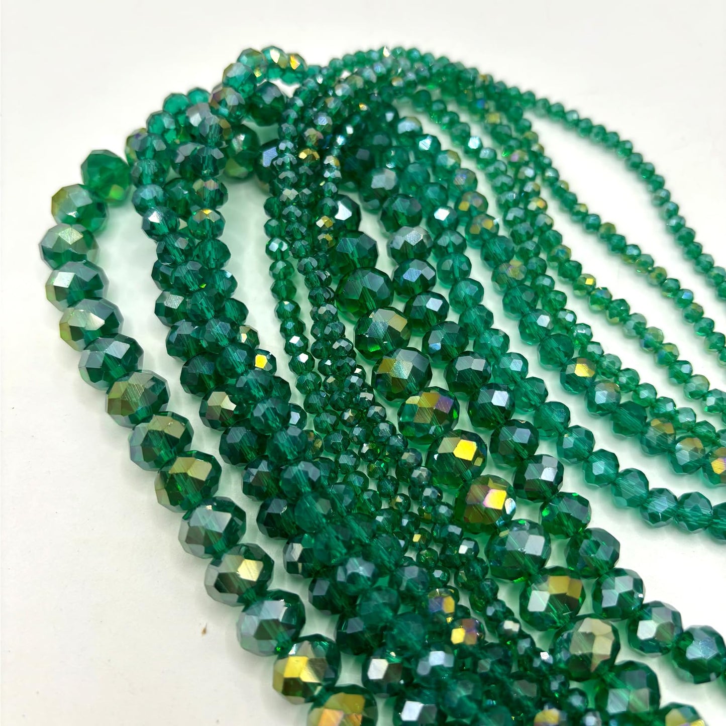 CrzBeadss 780Pcs Briolette Glass Beads for Jewelry Making, 3/4/6/8/10mm Faceted Crystal Loose Beads Bulk for Bracelets, Earrings, Wind Chimes, Suncatcher, Curtains, Peacock Green AB Color