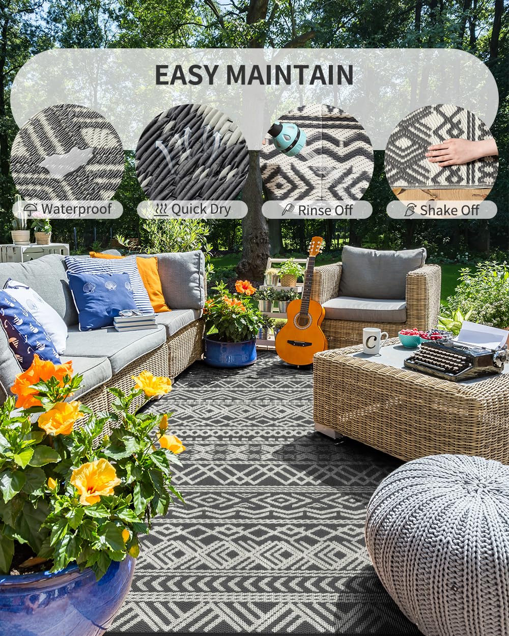 MontVoo Outdoor Rug 8x10 Waterproof Outdoor Patio Rug Mat Reverisble Plastic Straw Outdoor Rug for RV Camping Picnic Beach Balcony Boho Grey