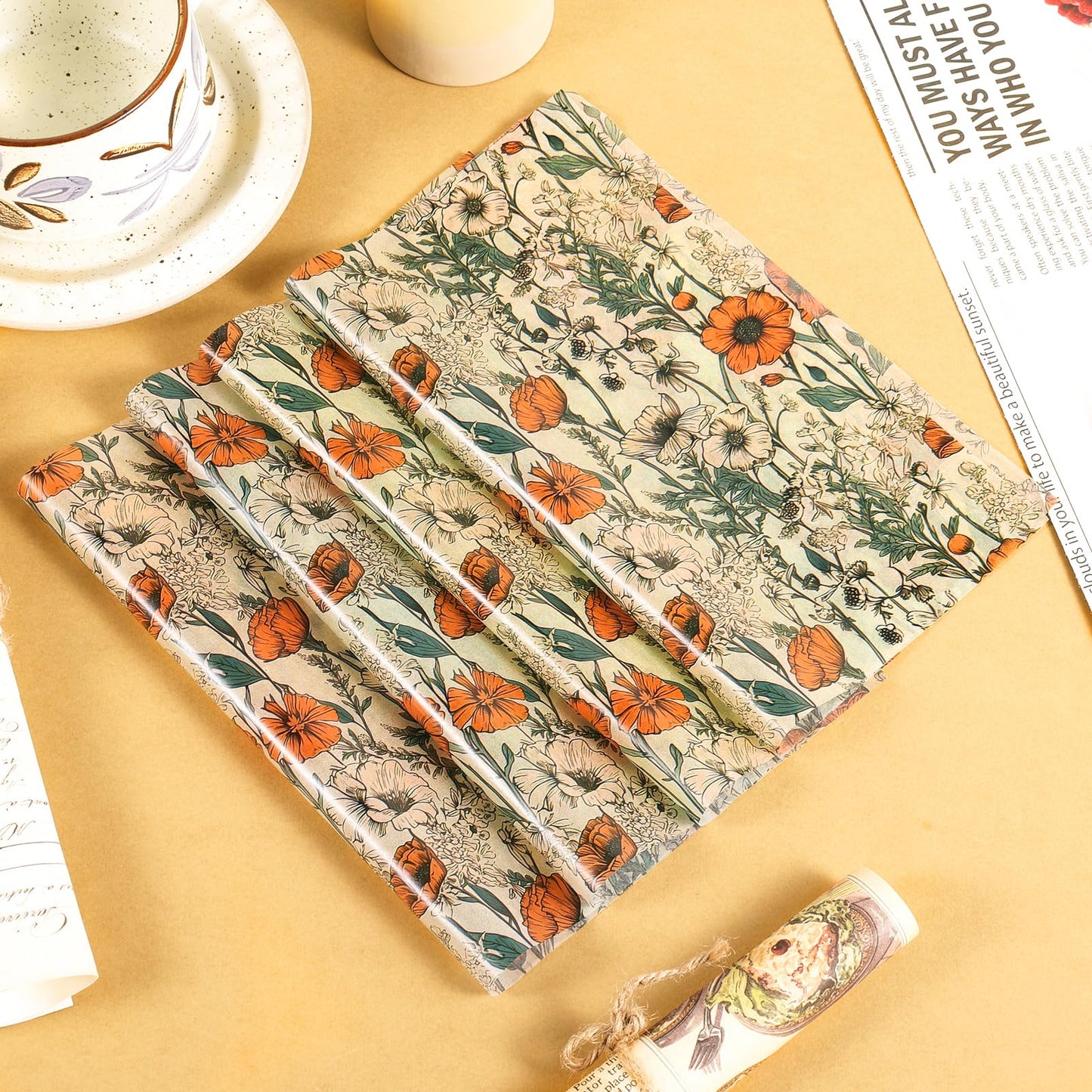 120 Sheets Orange Wildflower Garden Floral Wax Paper for Food Deli, 13.4 * 9.4‘’ Retro Floral Greaseproof Deli Paper for Sandwich Picnic Basket Liner Birthday Party Supplies