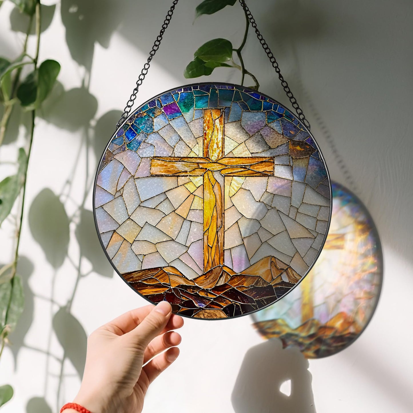 8-Inch Catholic Cross Stained Glass Suncatcher, Stained Glass Window Hanging, Religious Ornament, Christian Home Decor, Sun Catcher Window Decor — Gift for Christmas, Christian Gifts, Religious Gifts
