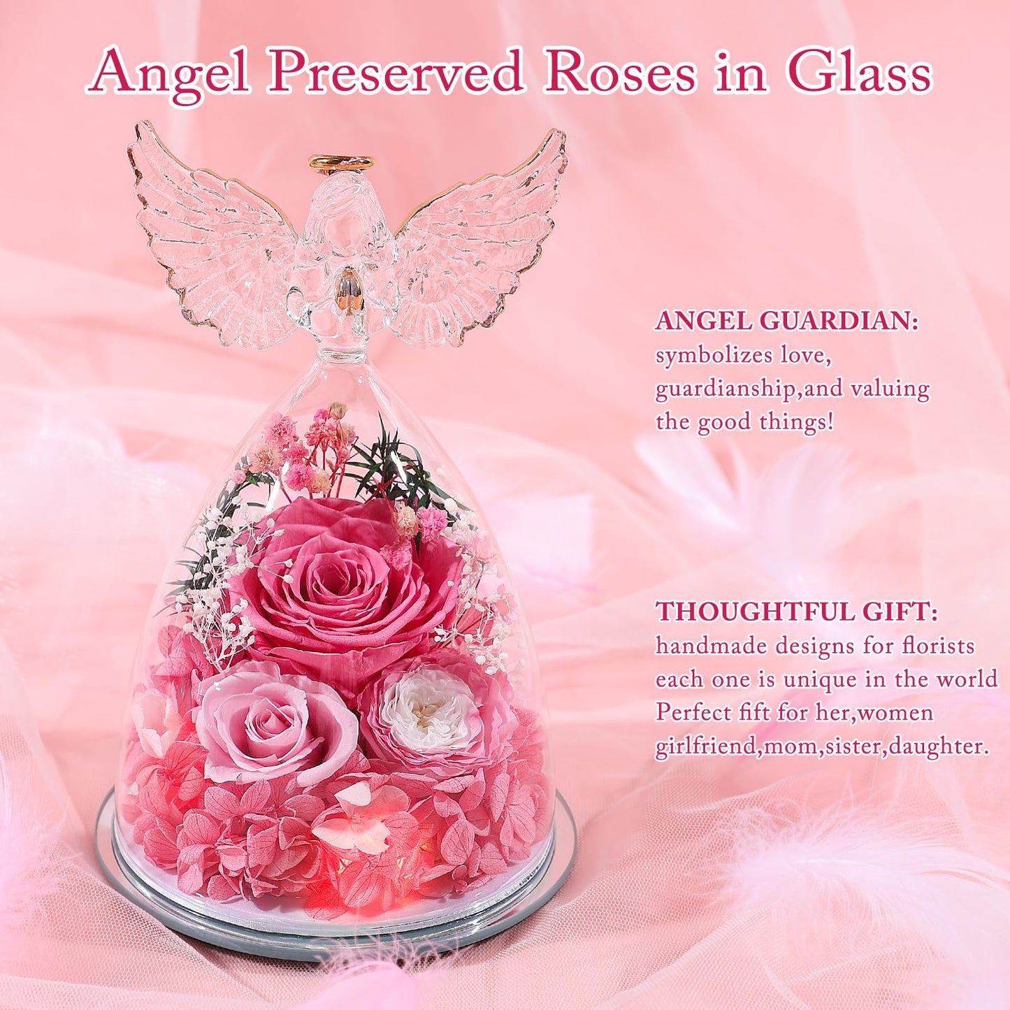 FIACO Gifts for Mom Women Birthday Preserved Rose in Glass Angel Figurine Forever Fresh Flower for Delivery, Mothers Day Flowers Gifts for Grandma Wife Daughter Pink